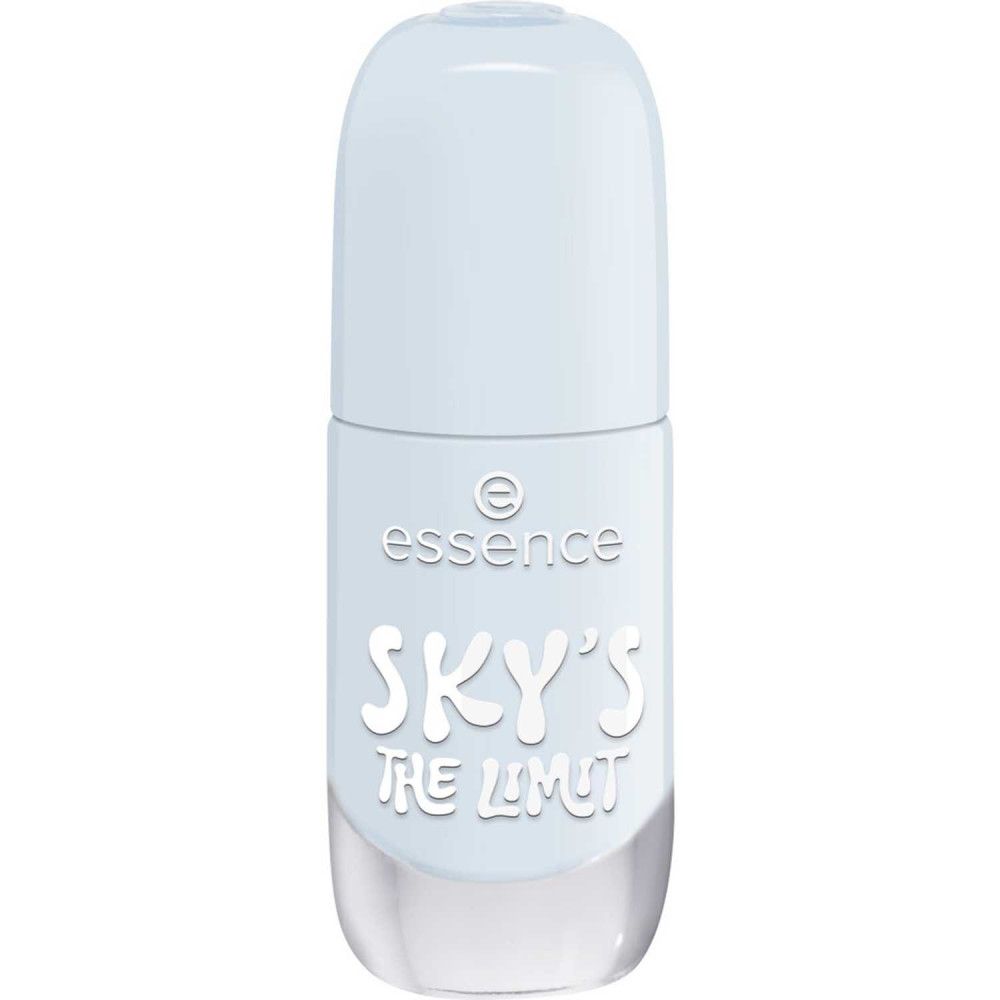 Hellblauer Nagellack, geschlossene Flasche. Aufschrift: essence, SKY'S THE LIMIT.