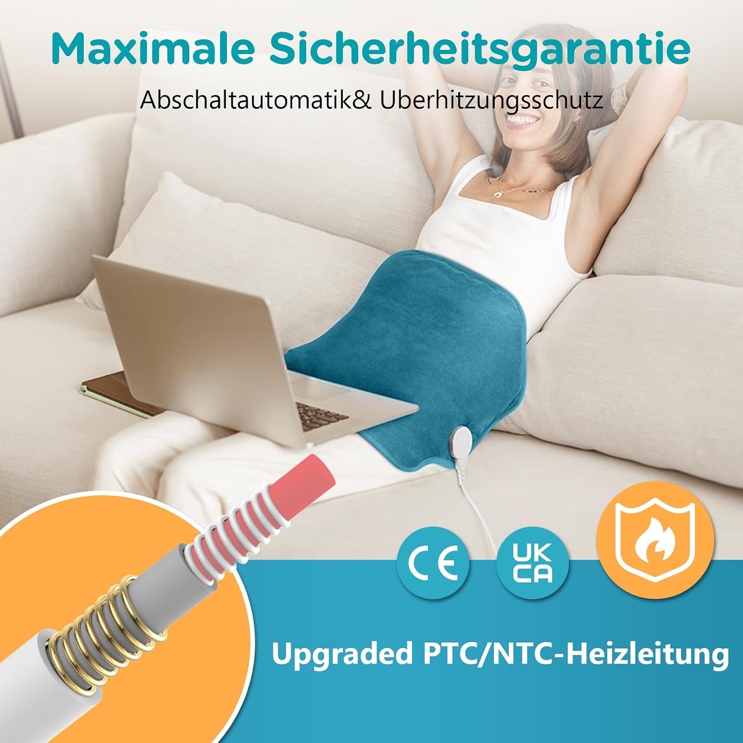 Blaues Heizkissen mit CE- und UKCA-Siegeln, zeigt PTC/NTC-Heizkabel.
