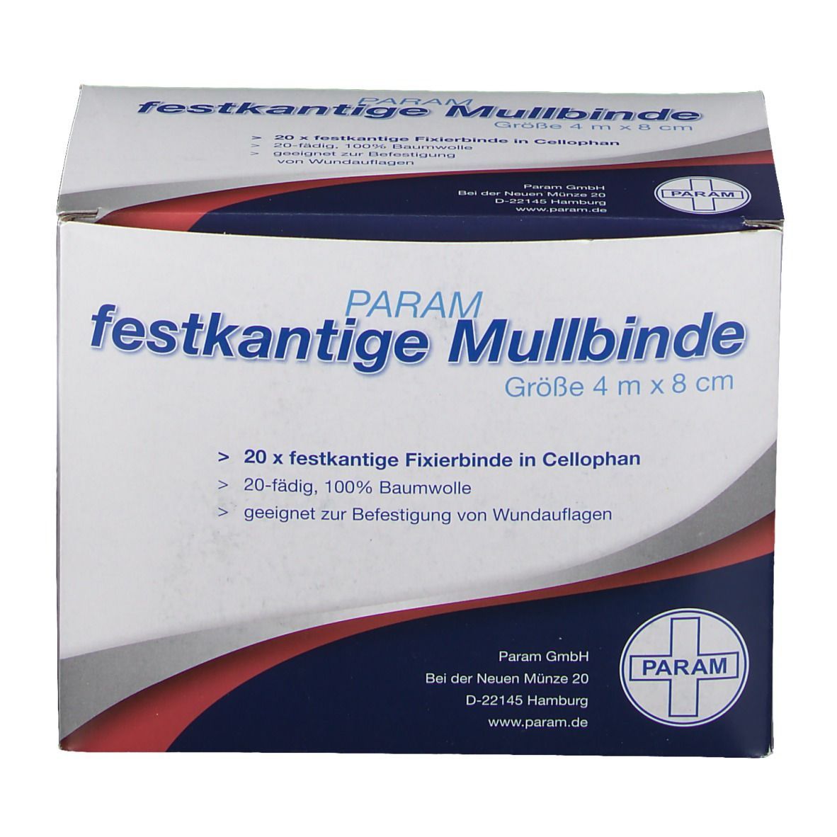 PARAM Mullbinde, festkantige Fixierbinde in Cellophan. Größe 4 m x 8 cm. Verpackung mit Produktinformationen und Logo.