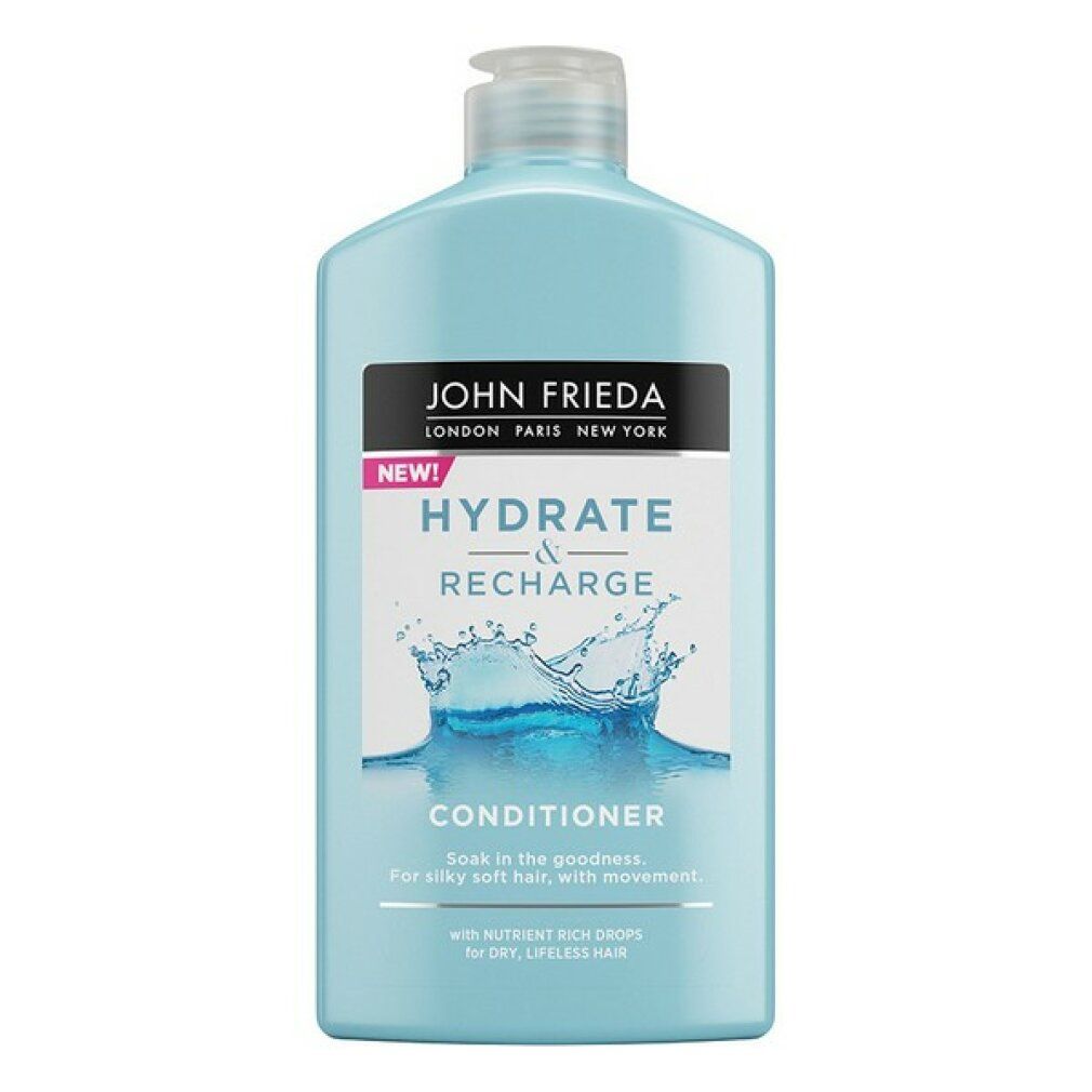 Hellblaue Flasche John Frieda Hydrate & Recharge Conditioner. Etikett mit Wasser-Grafik. Aufschrift: Conditioner.