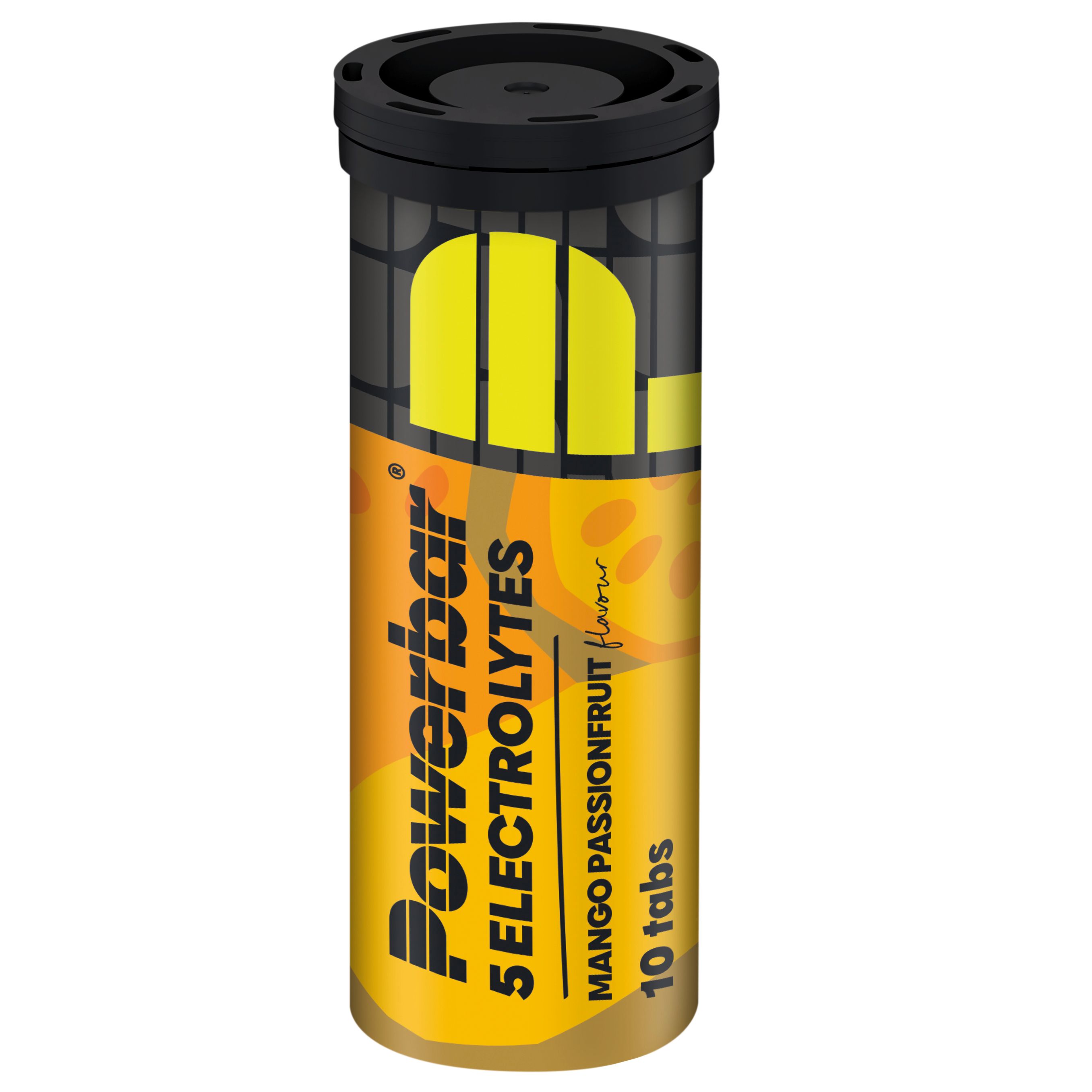 Zylindrische Dose mit schwarzem Deckel. Aufschrift: Powerbar 5 Electrolytes Mango Passionfruit, 10 Tabs. Gelb-orangefarbenes Design.