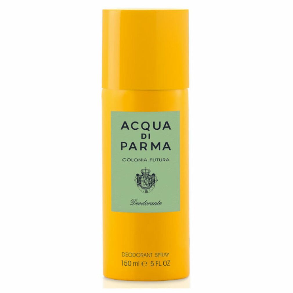 Gelbe Deo-Spray-Dose. Aufschrift: Acqua di Parma Colonia Futura. Text: Deodorante, 150 ml, 5 FL OZ.