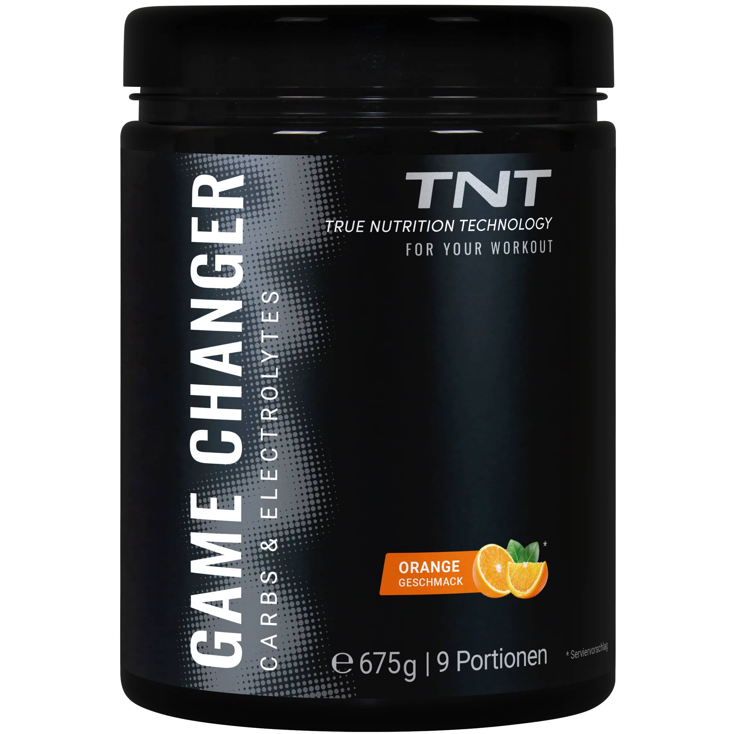 Schwarzer Behälter mit TNT Game Changer. Orange Geschmack. Enthält Kohlenhydrate und Elektrolyte. 675g, 9 Portionen.