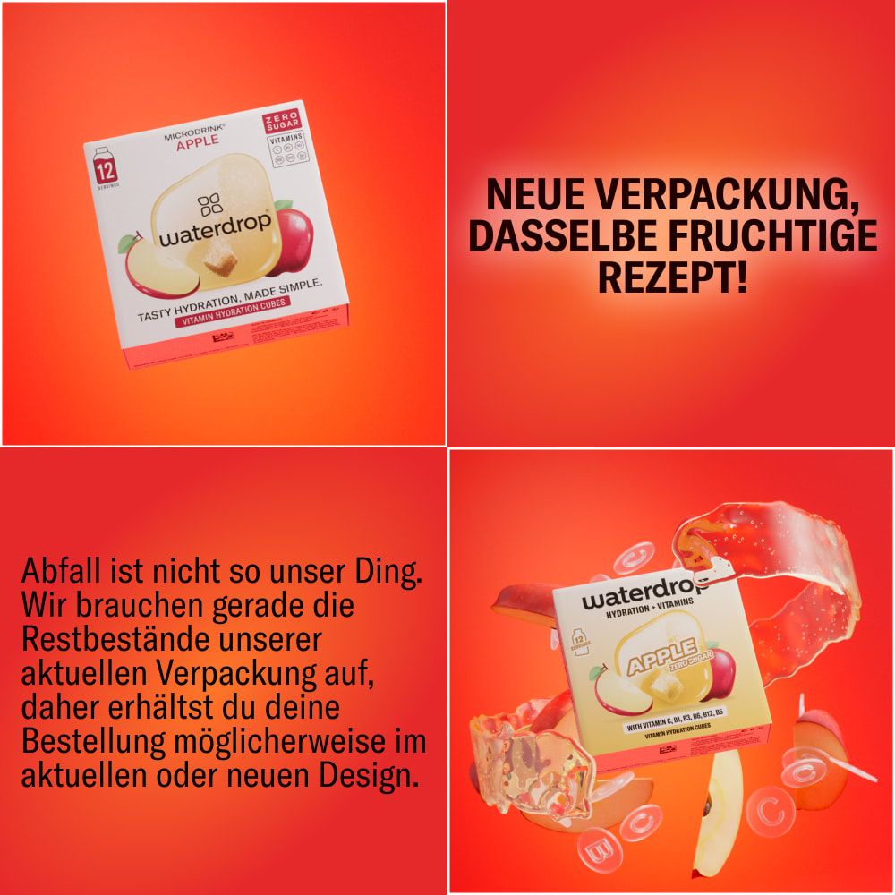 Packung waterdrop® Microdrink Apfel mit 12 Portionen. Neue Verpackung, gleiches Rezept.