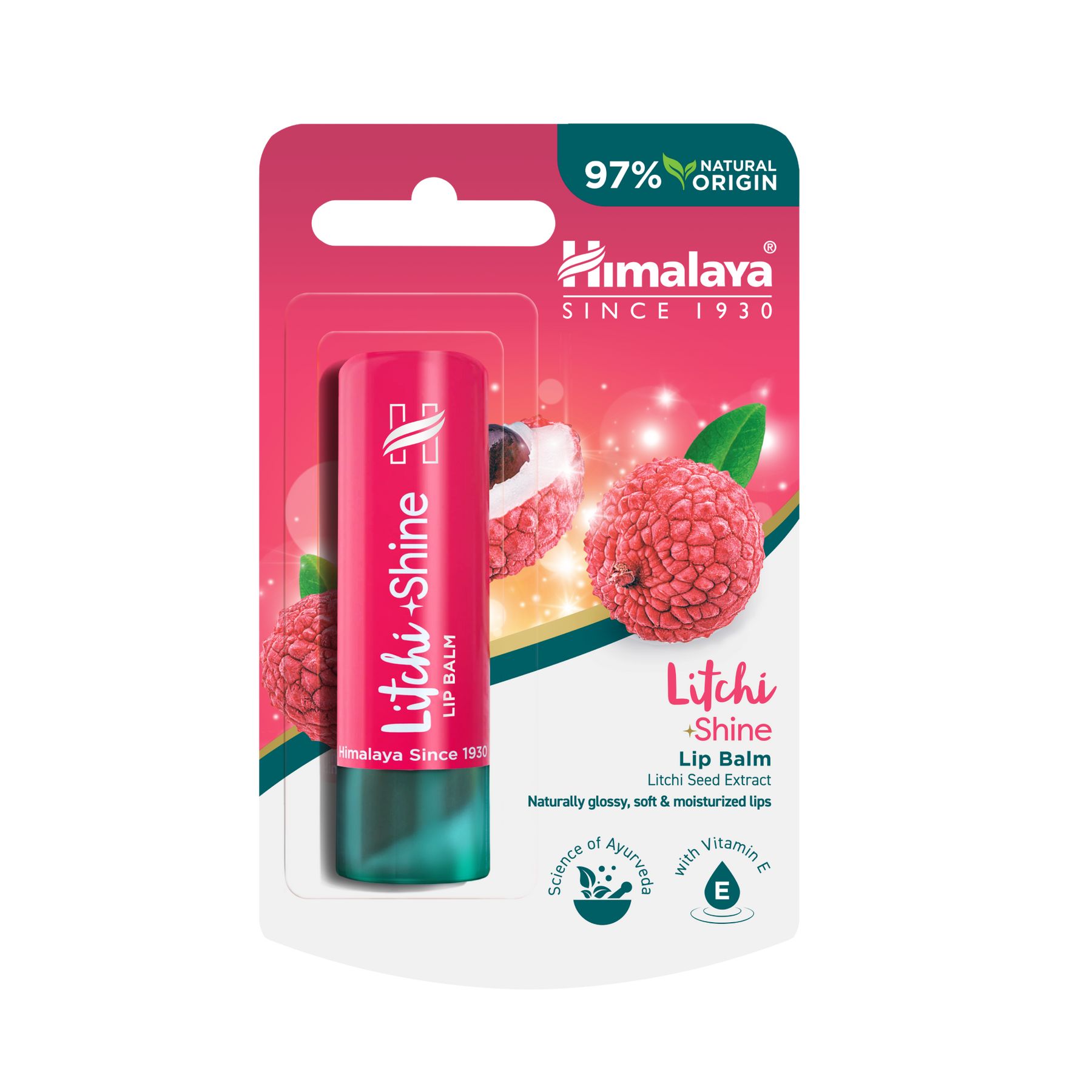 Lippenbalsam in Verpackung. Rosa Hülle mit Schriftzug Litchi + Shine. Marke Himalaya. Abbildung von Litschi-Früchten.