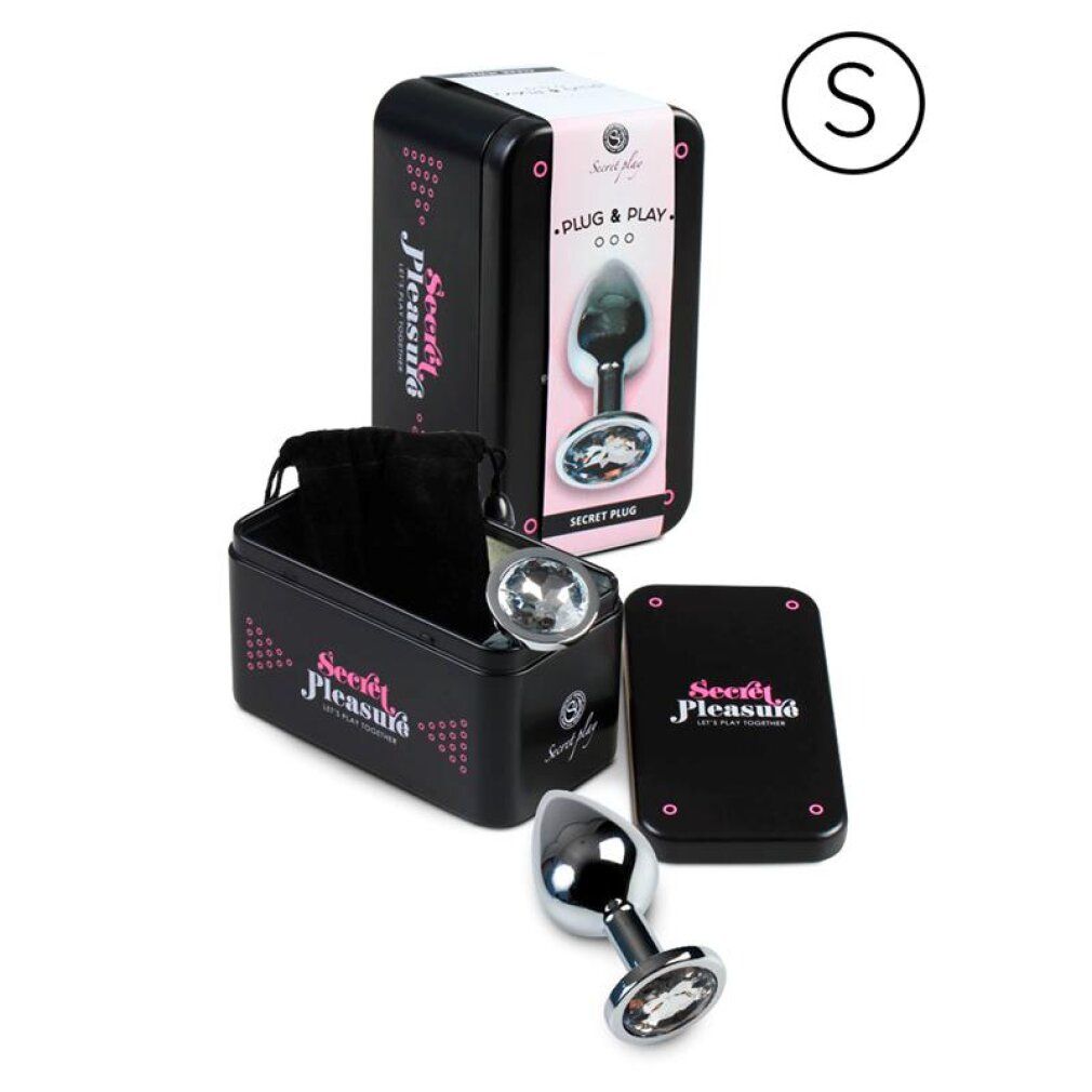 Analplug aus Aluminium in Größe S, verpackt in einer Metalldose mit Zubehör.