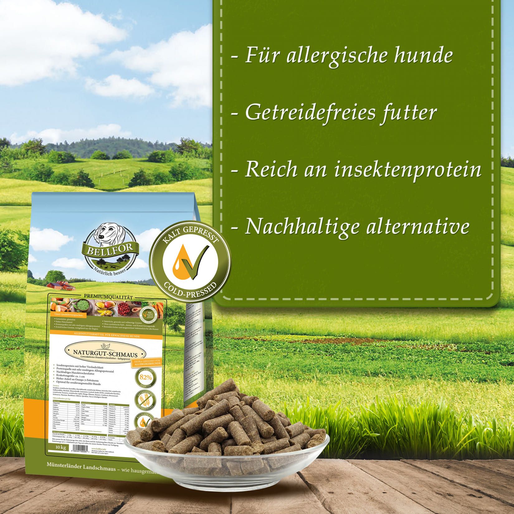 Bellfor-Hundefutterbeutel und Kroketten in Glasschale. Text: für allergische Hunde, getreidefreies Futter, reich an Insektenprotein, nachhaltige Alternative.