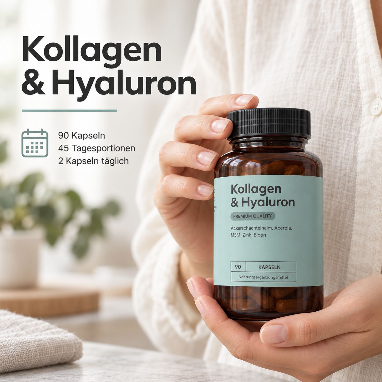 Braune Glasflasche mit 90 Kapseln Kollagen & Hyaluron, Premium Qualität.