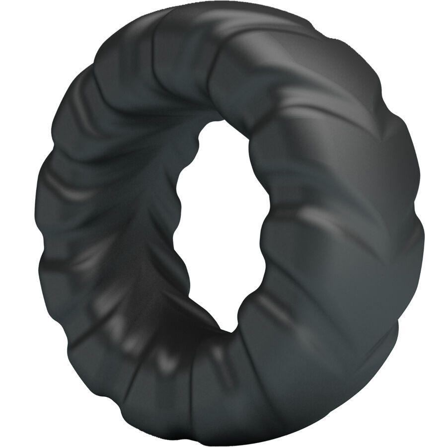 Schwarzer Penisring mit gedrehter, geriffelter Oberfläche. Ringförmig.