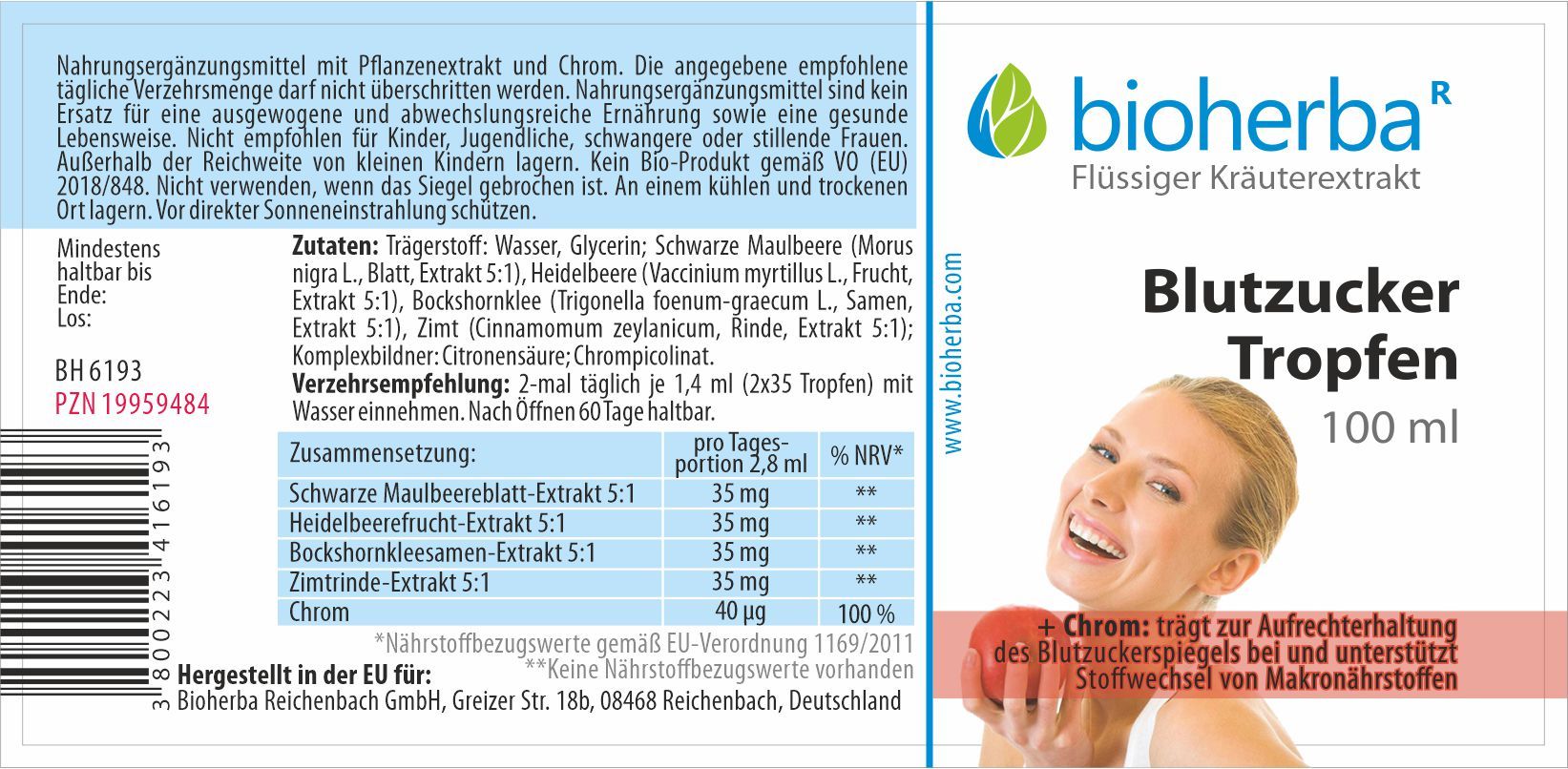 Produktetikett mit Inhaltsstoffen und Nährwertangaben. Logo und Produktname. Frauengesicht. 100 ml.