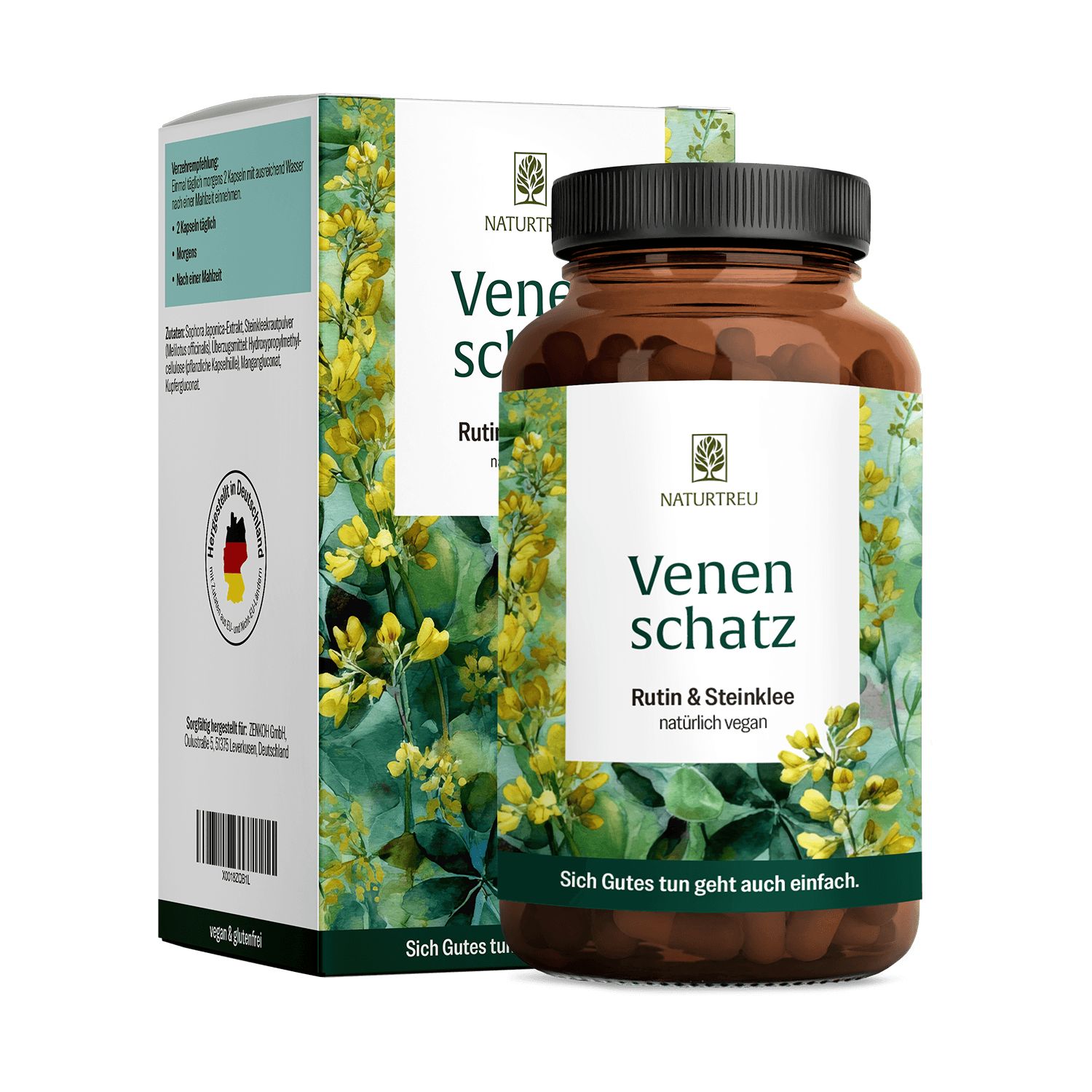 Braune Flasche und Schachtel mit Produktetikett. Text: Venenschatz, Rutin & Steinklee, natürlich vegan. NATURTREU®-Logo. Mit deutschem Qualitätssiegel.