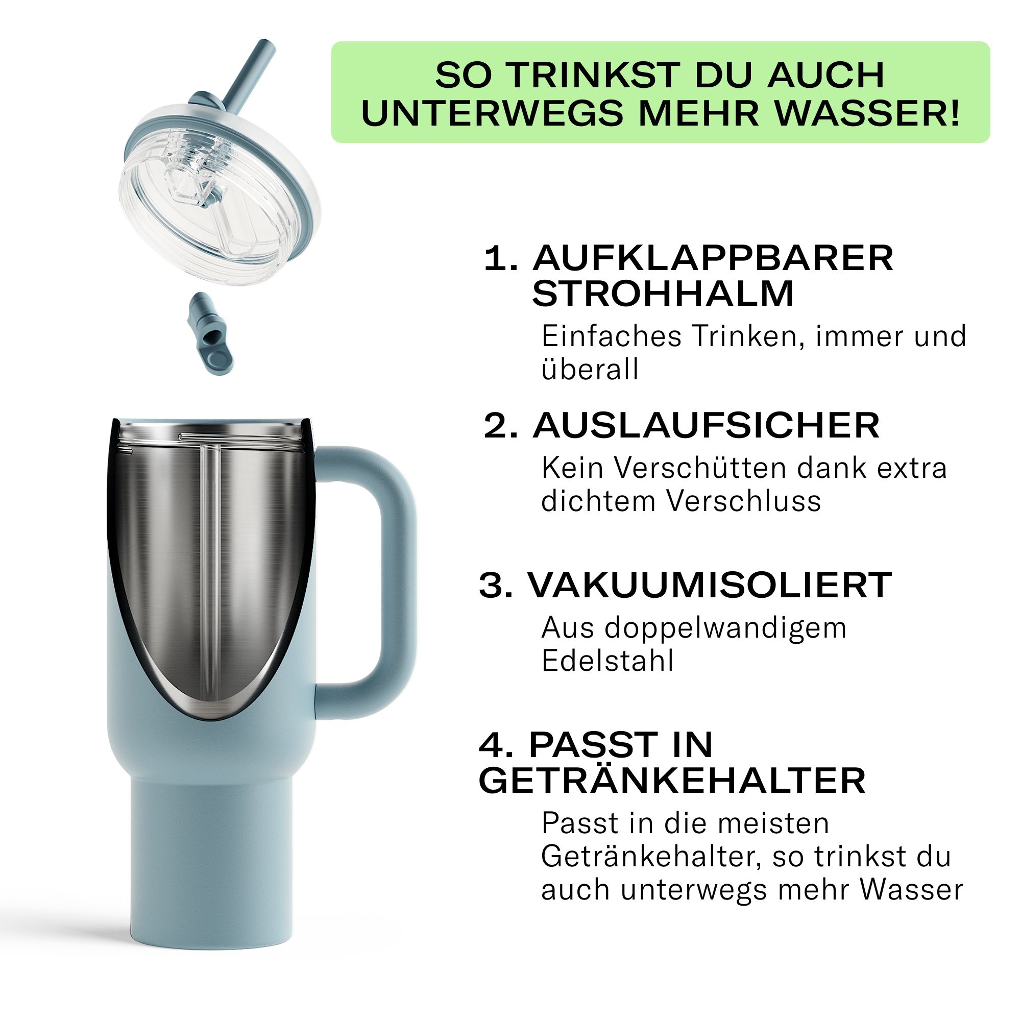 Explorer Thermobecher XL: Klappbarer Strohhalm, auslaufsicher, vakuumisoliert, passt in Getränkehalter.