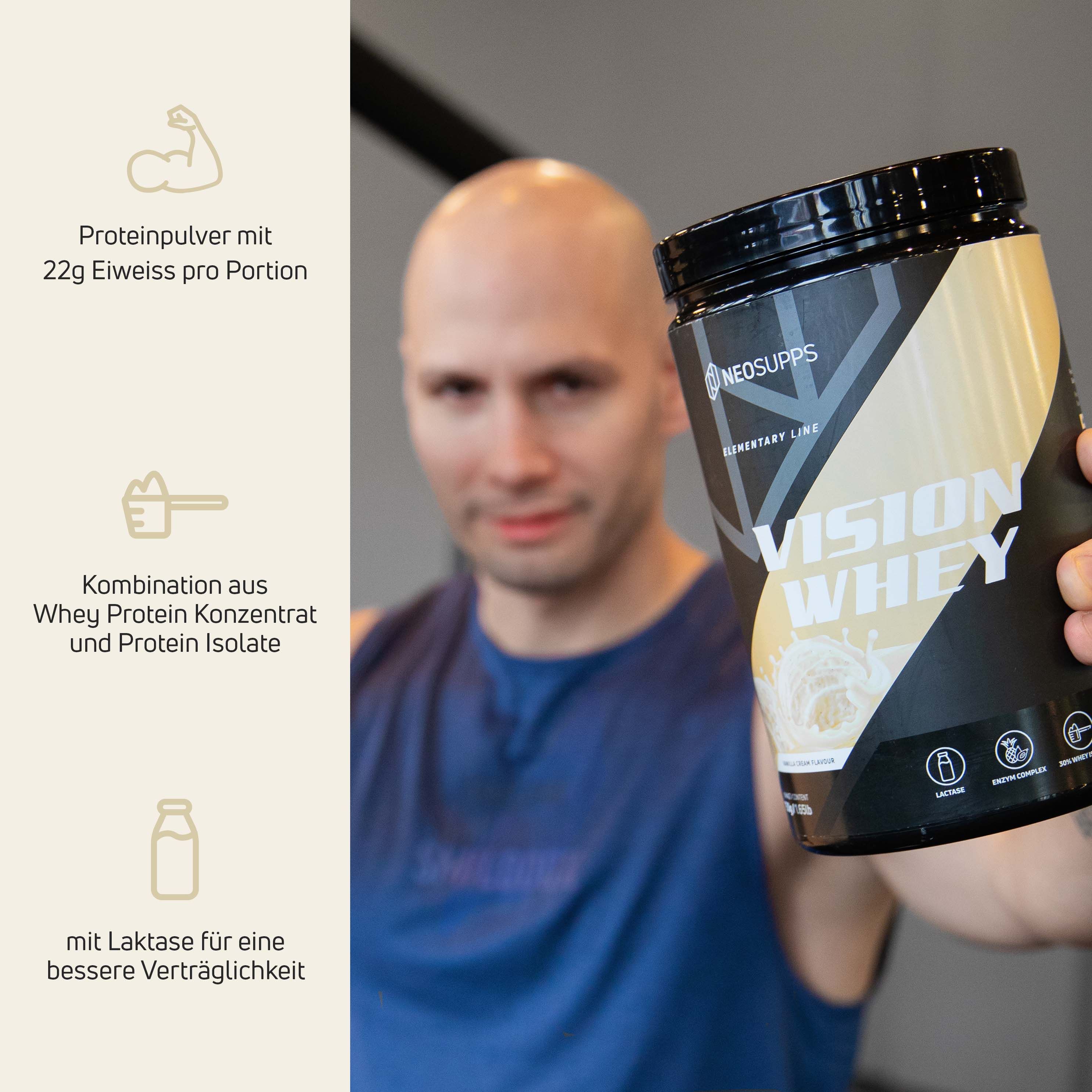 Schwarze Dose mit "VISION WHEY"-Aufdruck. Mann hält Dose. Text: "NEOSUPPS".