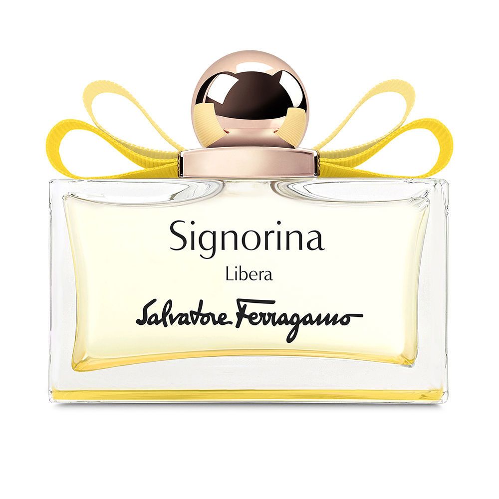Salvatore Ferragamo Signorina Libera Flakon. Rechteckiger Flakon mit goldfarbenem Verschluss und gelber Schleife.