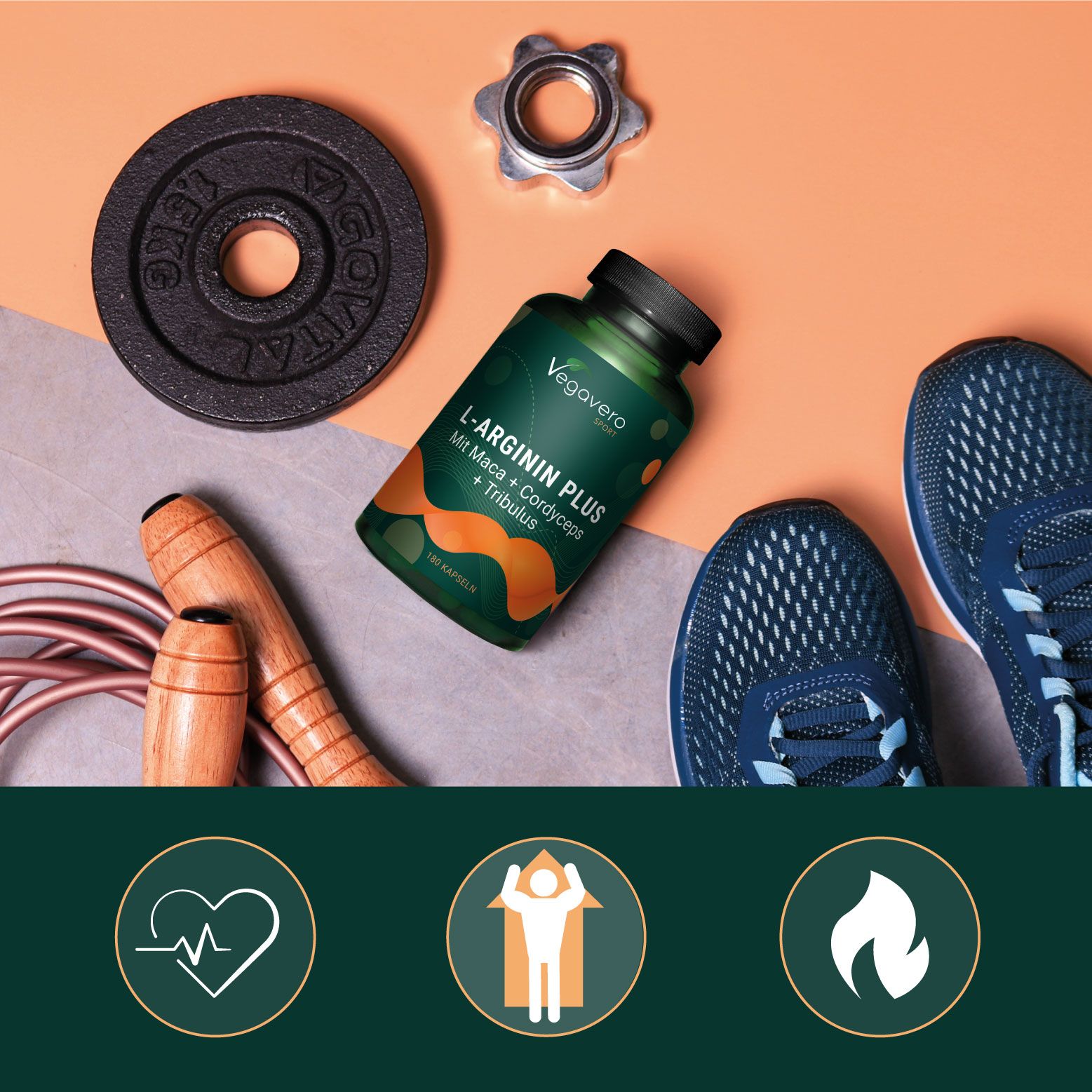VEGAVERO L-Arginin Plus Flasche neben Sportausrüstung: Hantelscheibe, Hantel, Turnschuhe. Icons für Gesundheit.