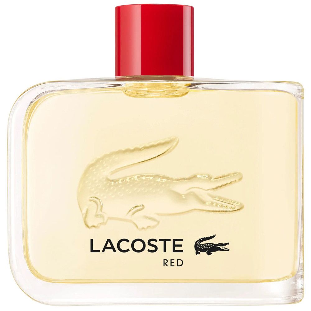 Lacoste Red Eau de Toilette Flakon. Rechteckiger Glasflakon mit rotem Verschluss. Krokodil-Logo und Schriftzug.