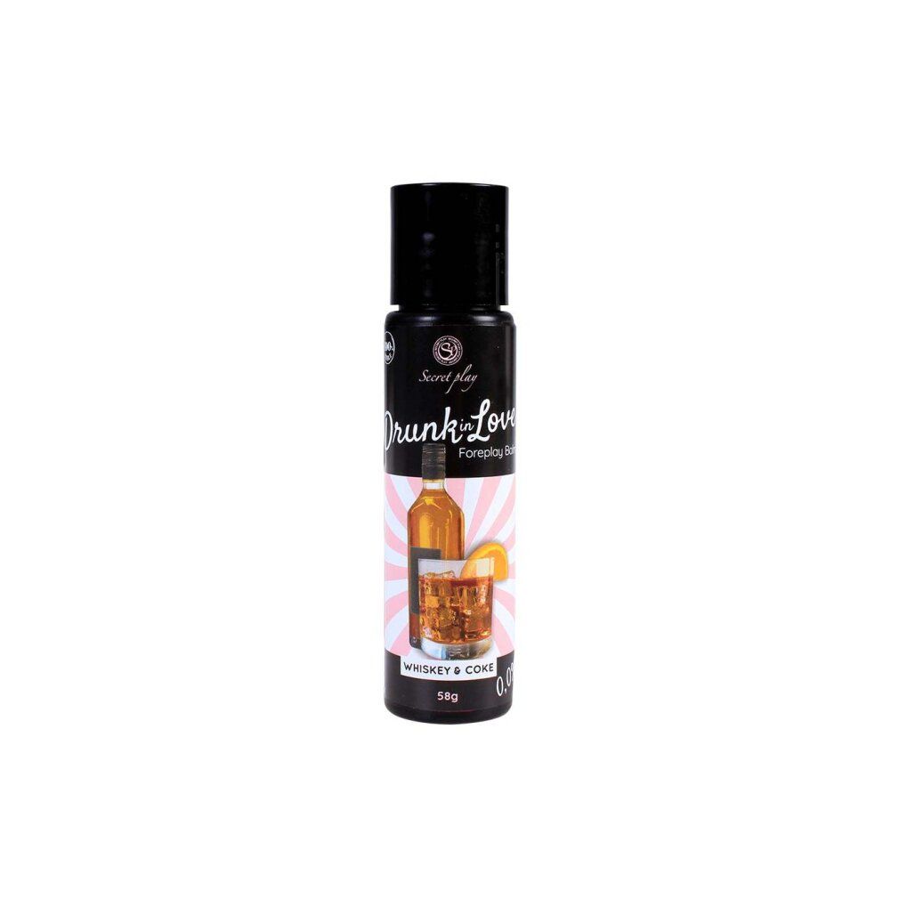 Schwarze Flasche mit "Drunk in Love"-Aufdruck. Abbildung von Whiskey-Cola-Getränk. 58g-Angabe.