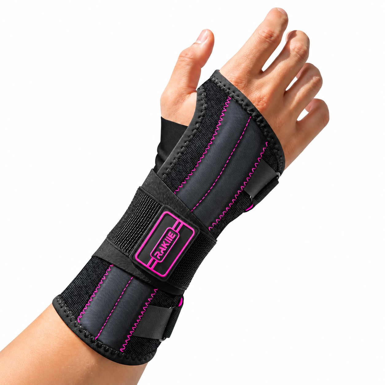 Schwarze Handgelenkbandage mit pinken Akzenten und Klettverschlüssen.