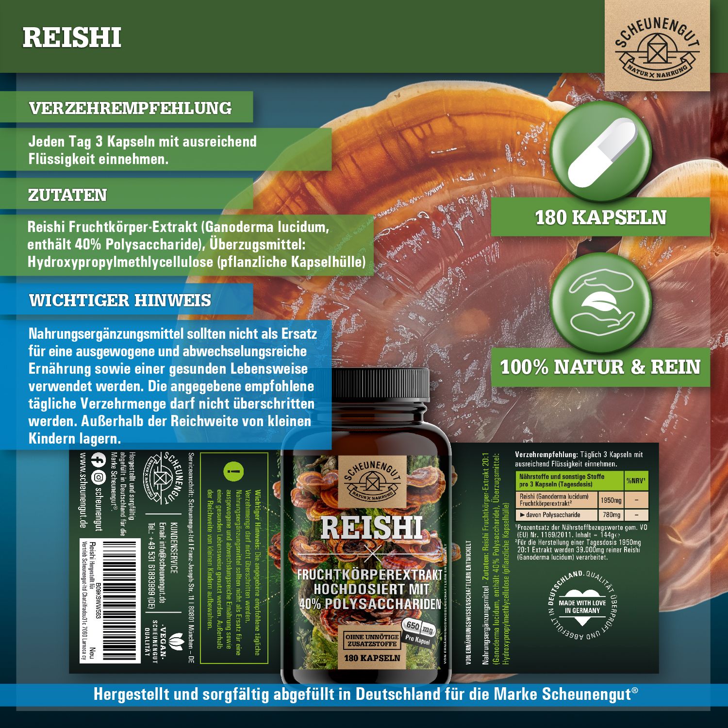 Braune Flasche Scheunengut® Reishi Extrakt Kapseln. Aufschrift: Reishi, Fruchtkörperextrakt, 40% Polysaccharide, 180 Kapseln, 650mg. Zutatenliste.