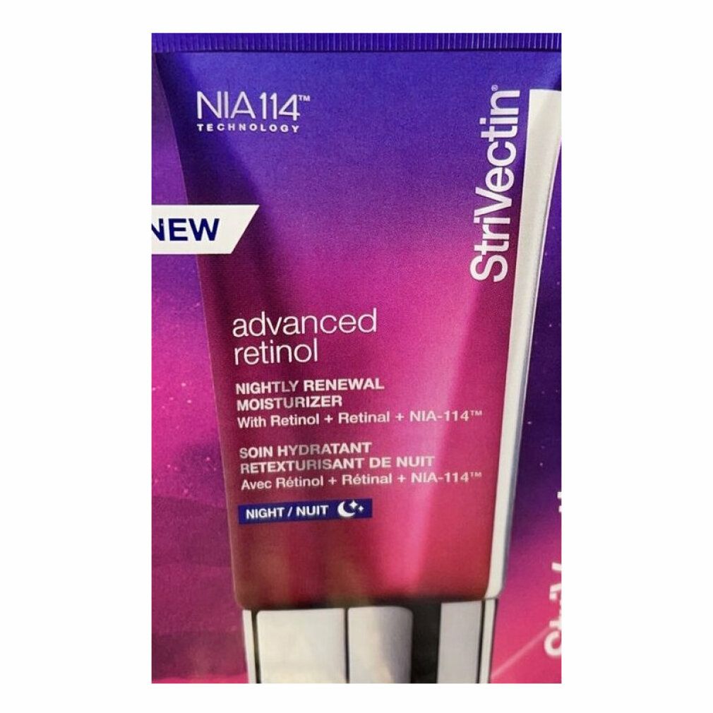 Nahaufnahme des Produkttubus "Strivectin Advanced Retinol". Lila-roter Farbverlauf, silberner Deckel, Text.