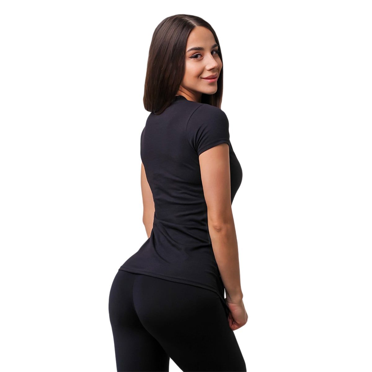 Rückansicht eines schwarzen Damen-T-Shirts mit kurzem Ärmel und GymBeam-Logo.