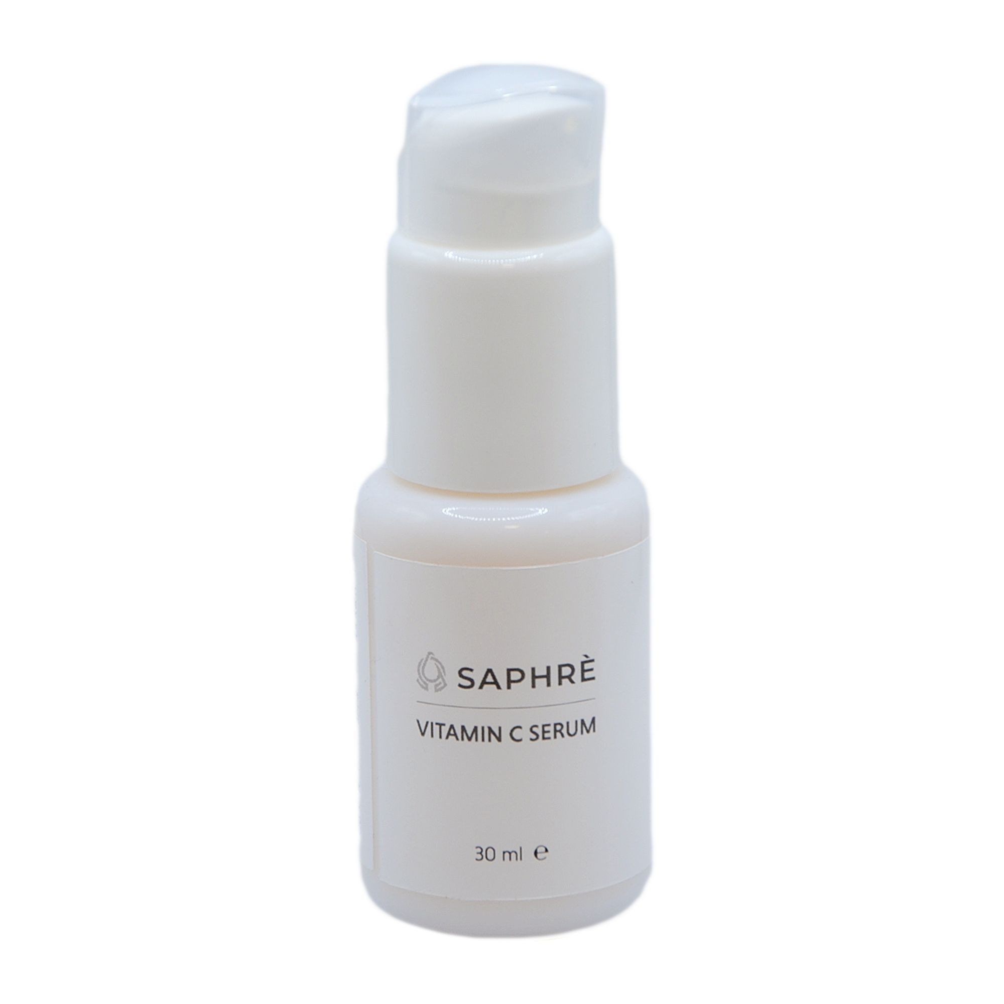 Weiße Flasche mit Dosierpumpe. Aufschrift: Saphre Vitamin C Serum. Volumen: 30 ml.