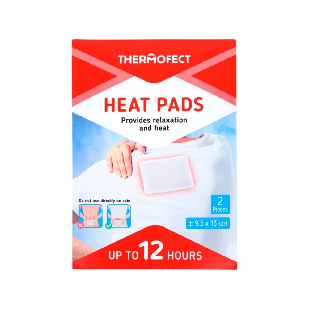 Verpackung mit Wärmepflastern. Produktname: Thermofect. Enthält 2 Stück. Größe: 9,5 x 13 cm. Anwendungshinweis.