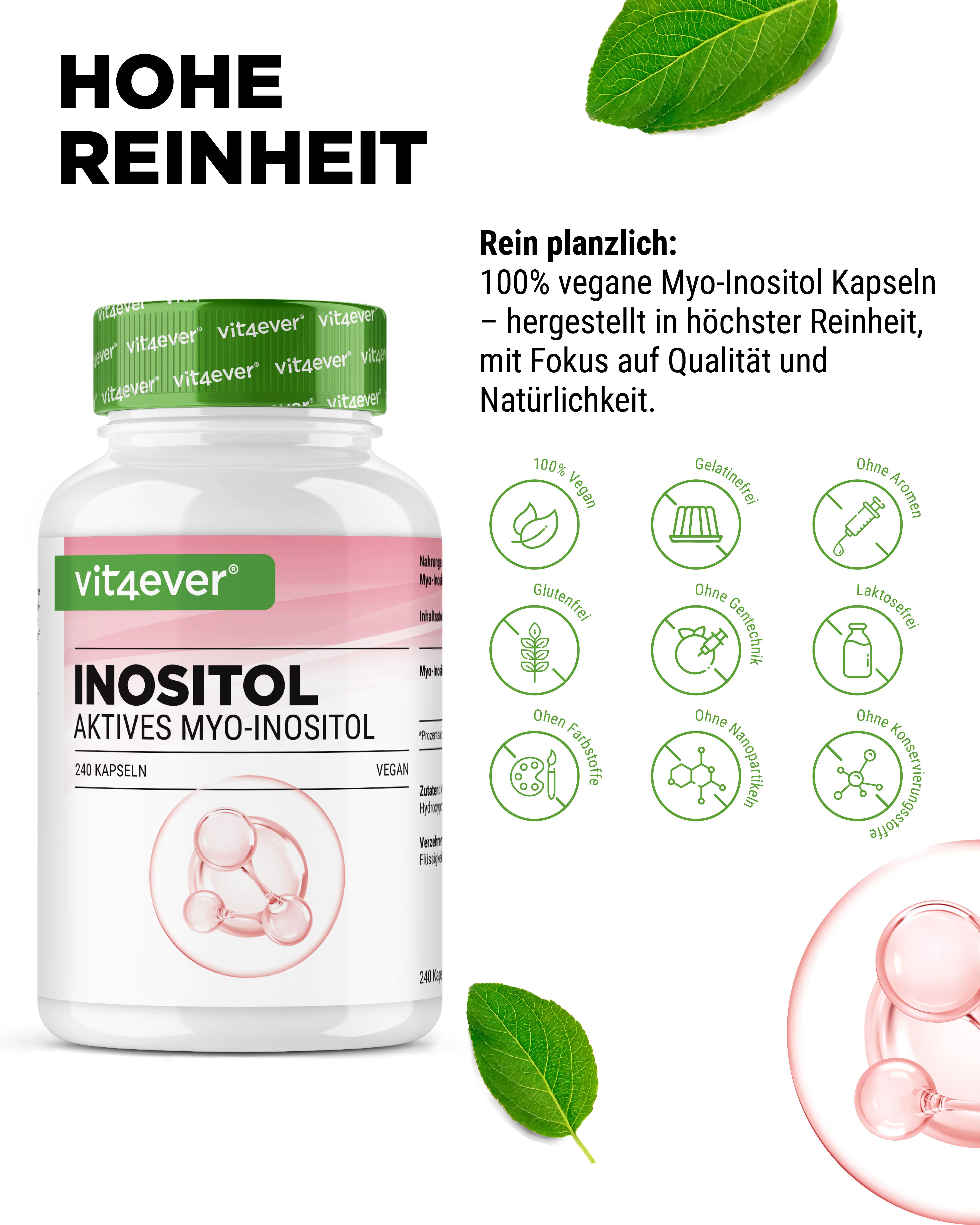 Weißes Pillenbehälter mit grünem Deckel. Aufschrift: Inositol, 240 Kapseln. Logo: vit4ever. Text: Aktives Myo-Inositol. Symbole.
