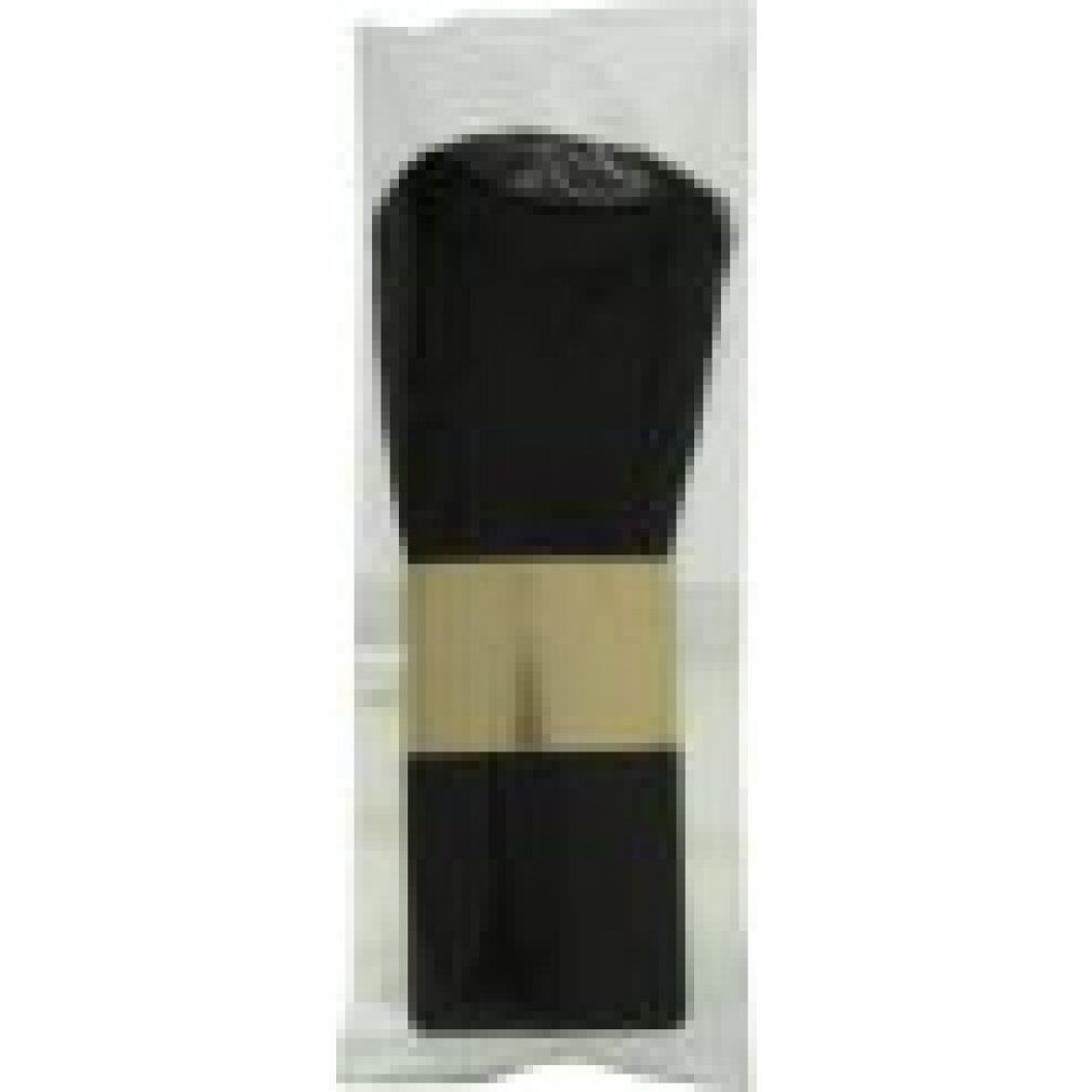 Rougepinsel in Plastikverpackung. Schwarze Borsten, goldene Manschette, schwarzer Griff. In transparenter Hülle.