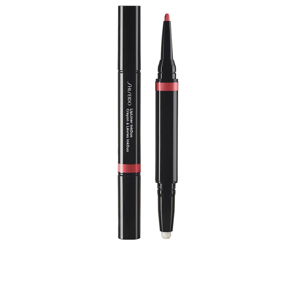 Doppel-Lippenkonturenstift. Schwarz, mit rosafarbenem Akzent. Ein Stift geöffnet, Spitze und Primer sichtbar. Shiseido-Logo.