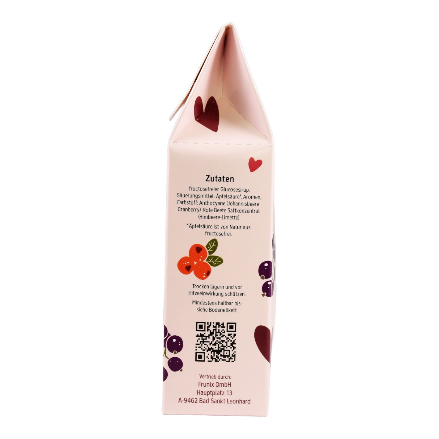 Seitenansicht der Bonbon-Verpackung. Zutatenliste, QR-Code und Adresse des Herstellers sind sichtbar.