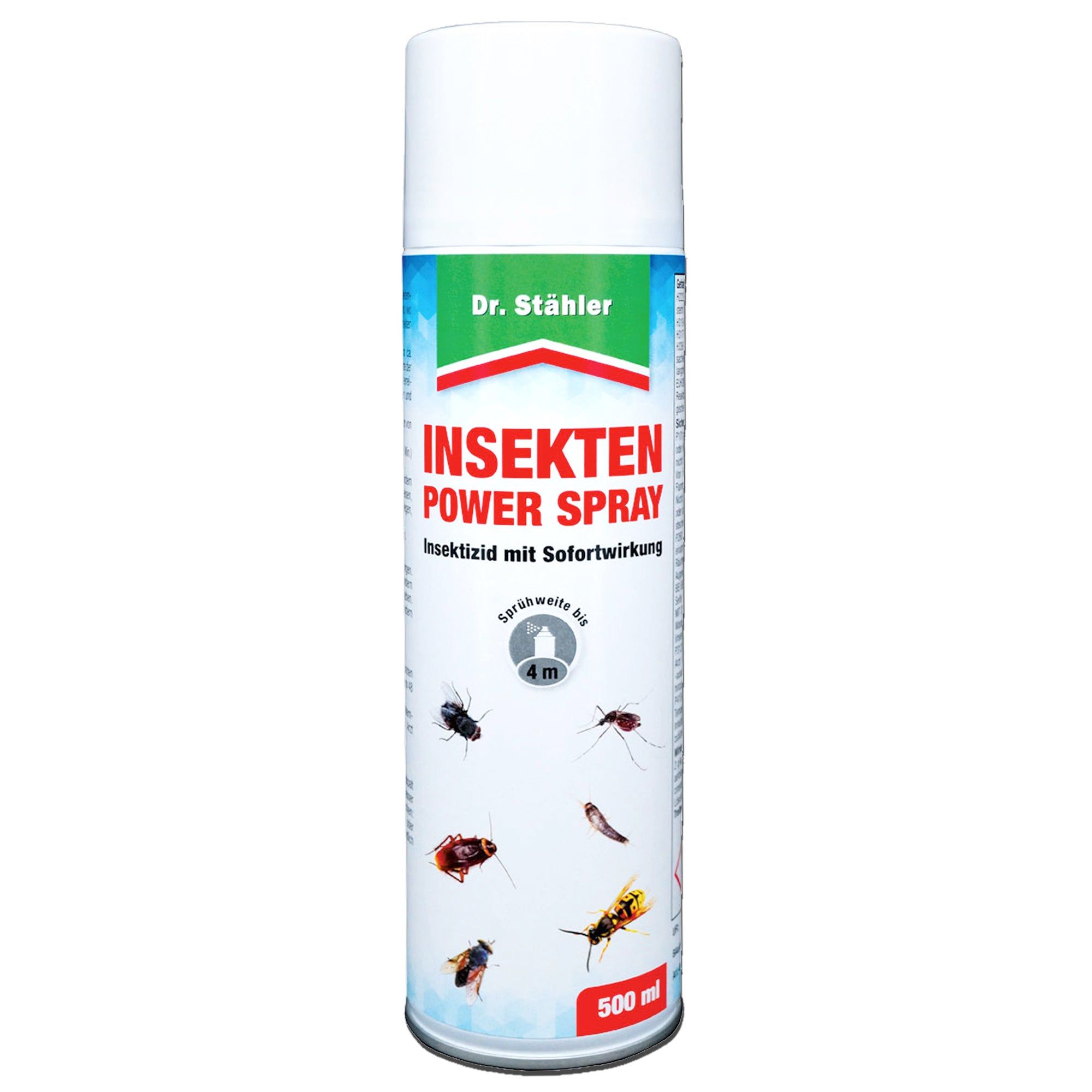 Dr. Stähler Insekten Power Spray, 500 ml Dose mit Abbildungen von Insekten und Sprühweite bis 4 m.