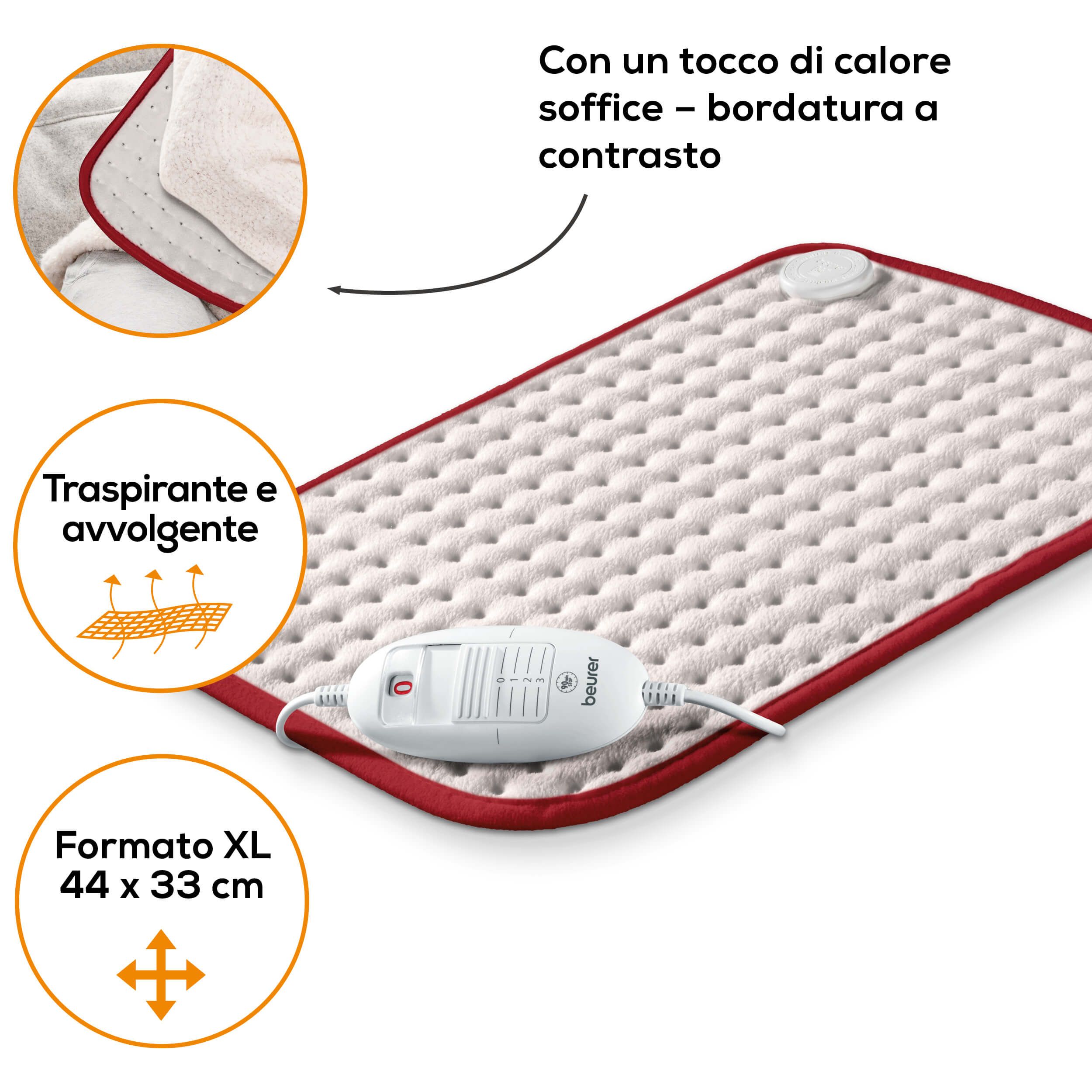 Heizkissen mit rotem Rand. Detailansicht: atmungsaktiv, weich, XL-Format 44x33 cm. Beurer Logo.