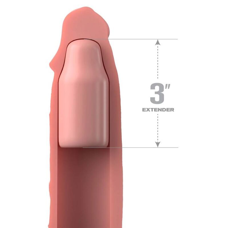 Rosa Silikon-Penisverlängerung mit eingelegtem Einsatz. 3" Extender-Markierung. Nahaufnahme.