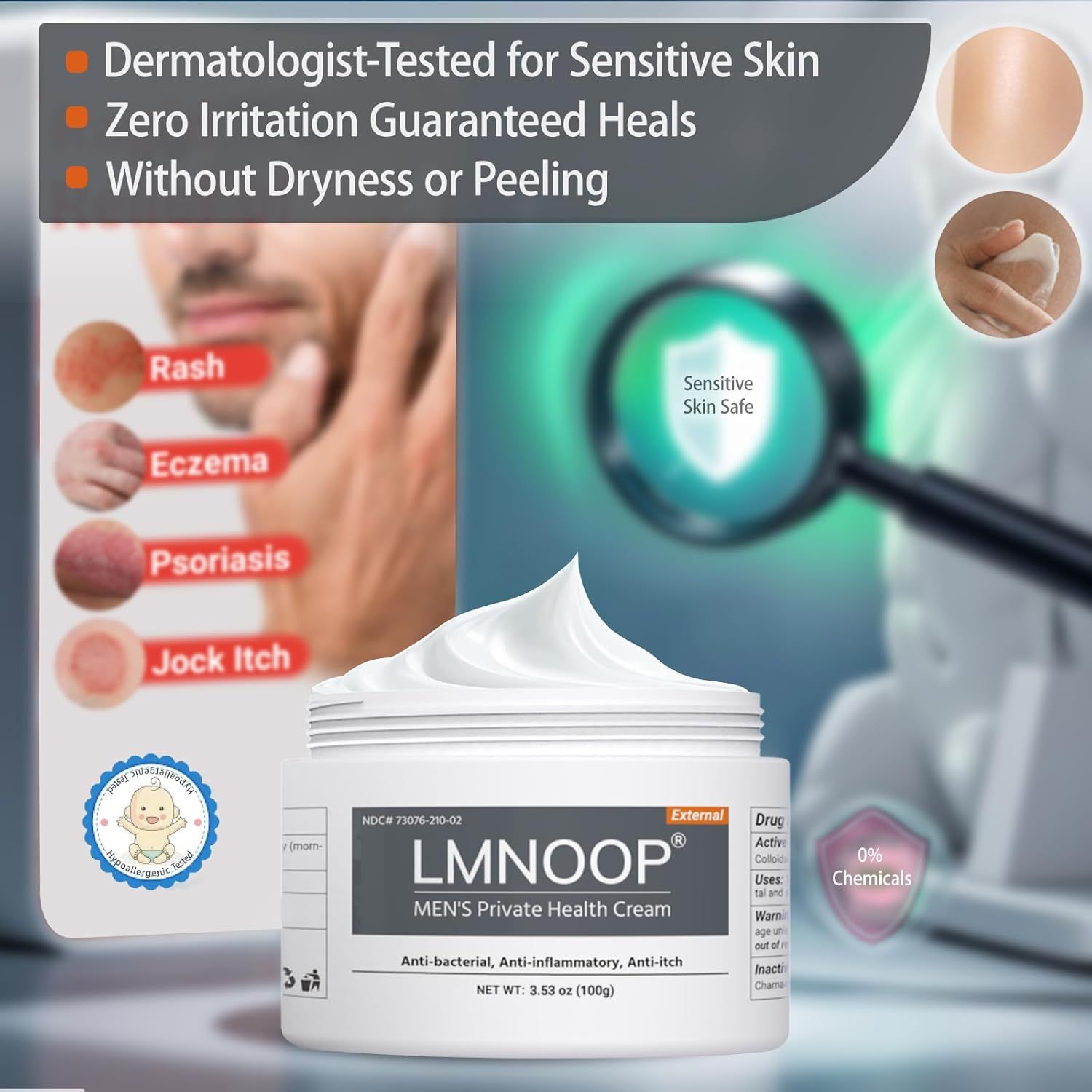 Weißer Tiegel mit Creme. Text: "LMNOOP MEN'S Private Health Cream". Text: Dermatologisch getestet, keine Irritationen, ohne Trockenheit.
