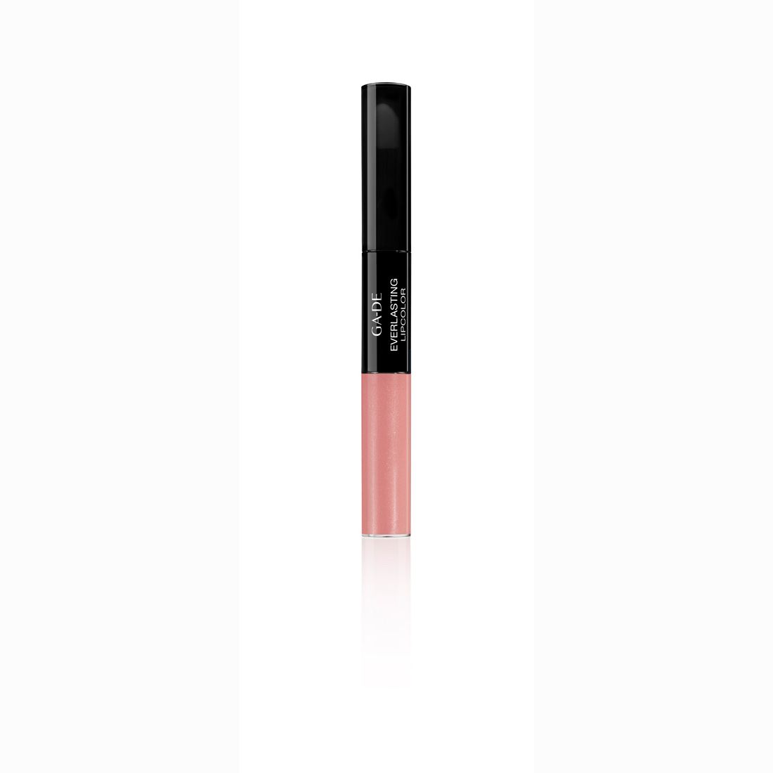 Doppel-Lippenprodukt. Schwarzer Deckel, rosa Lippenfarbe. Aufschrift: GA-DE Everlasting Lipcolor.