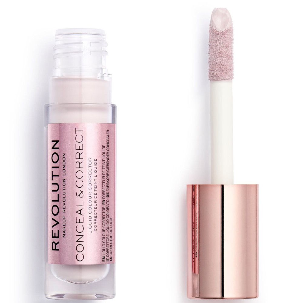 Ein offener flüssiger Concealer mit Applikatorstab und roségoldenem Deckel.