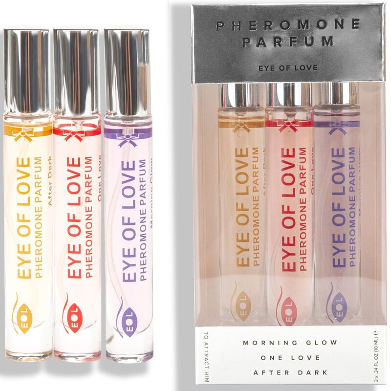 Drei Parfümflakons neben einer Verpackung. Aufschrift: Eye of Love, Pheromon Parfum. Farben: Gelb, Rot, Lila.