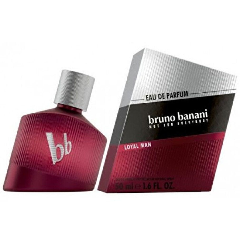 Rotes Parfümflakon mit silbernem Deckel und Verpackung. Aufschrift: Bruno Banani Loyal Man Eau de Parfum. Schwarzer Streifen mit Text.