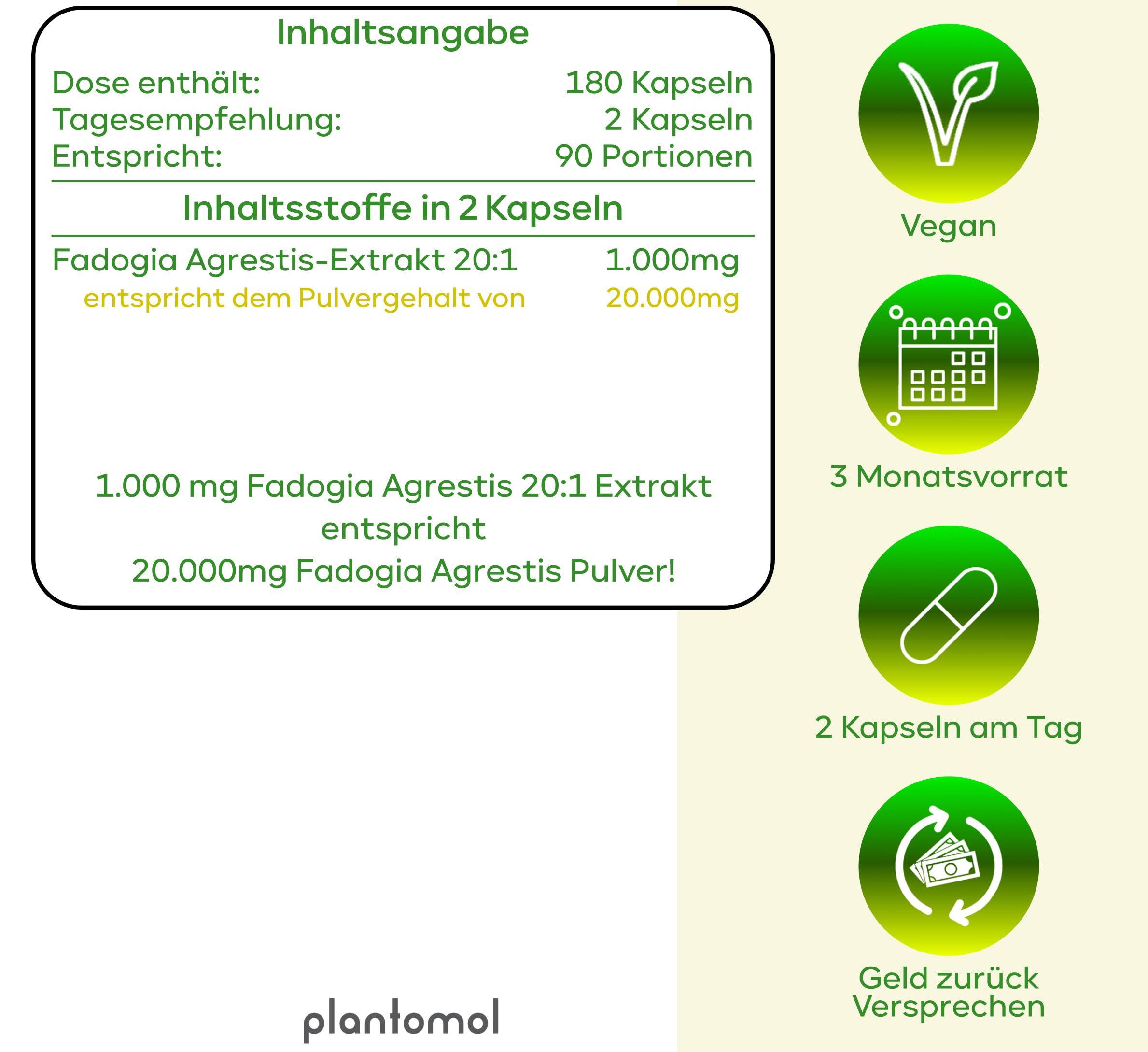 Nährwerttabelle mit Informationen zu Fadogia Agrestis Extrakt. Enthält Angaben zu Dosierung und Inhaltsstoffen. Vegan.