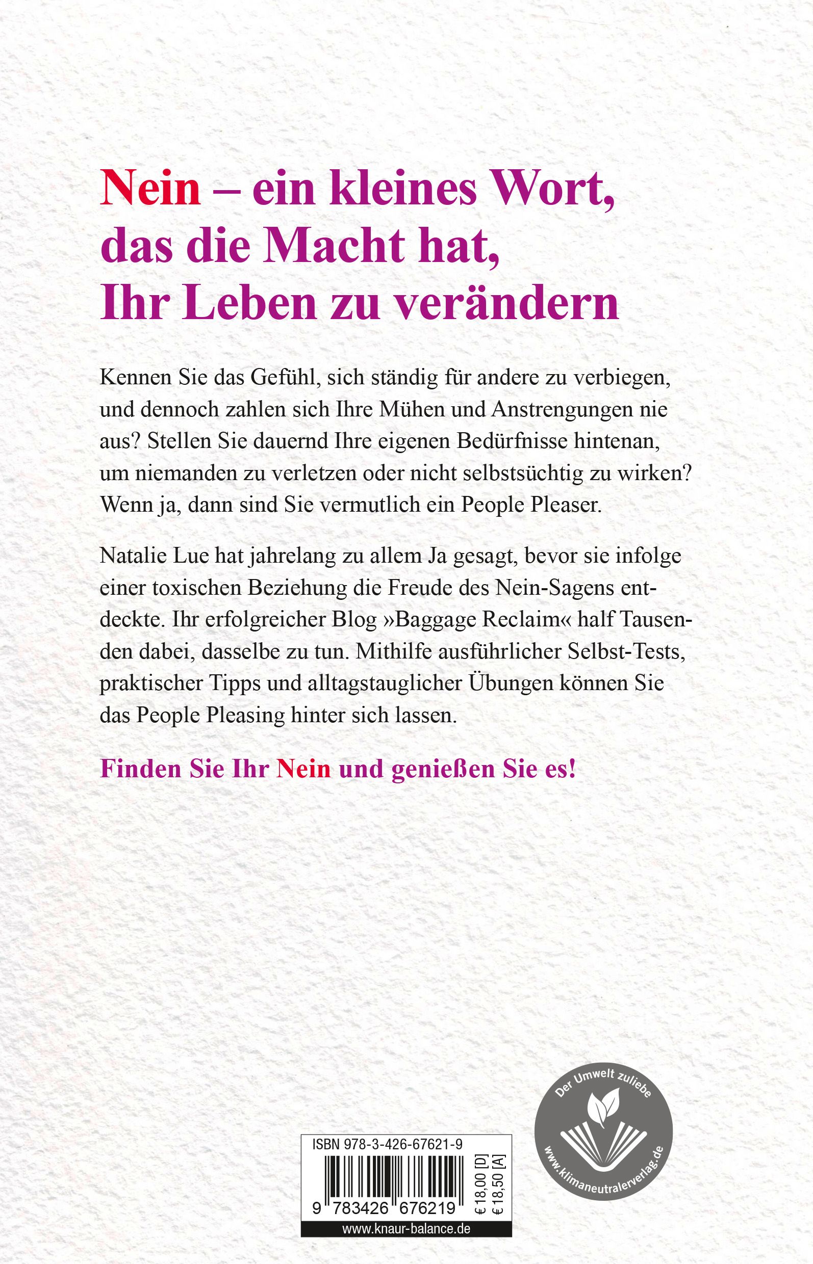 Buchrückseite mit Text. Titel: "Nein - ein kleines Wort, das die Macht hat, Ihr Leben zu verändern". Verlag: Knaur Balance. ISBN.