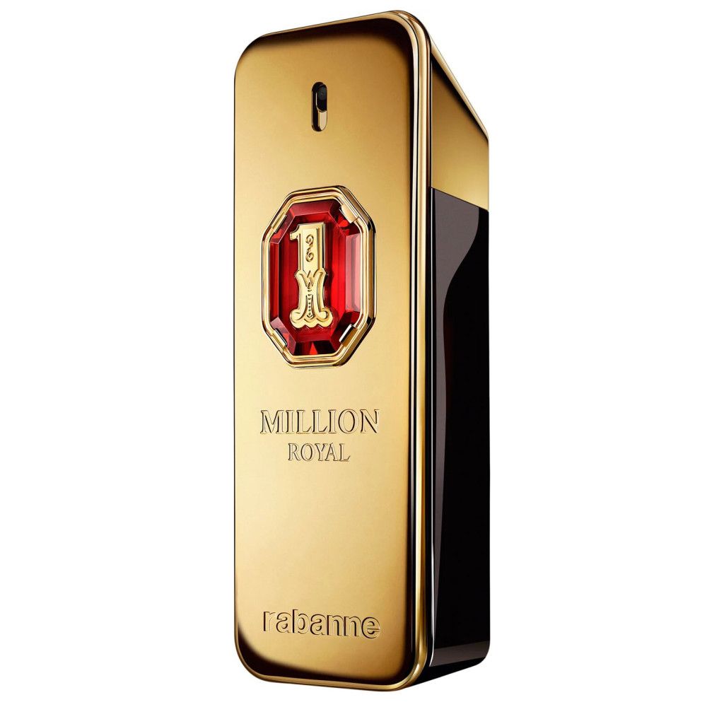 Goldfarbener Flakon mit rotem Emblem. Aufschrift "Million Royal". Schwarzer Hintergrund.