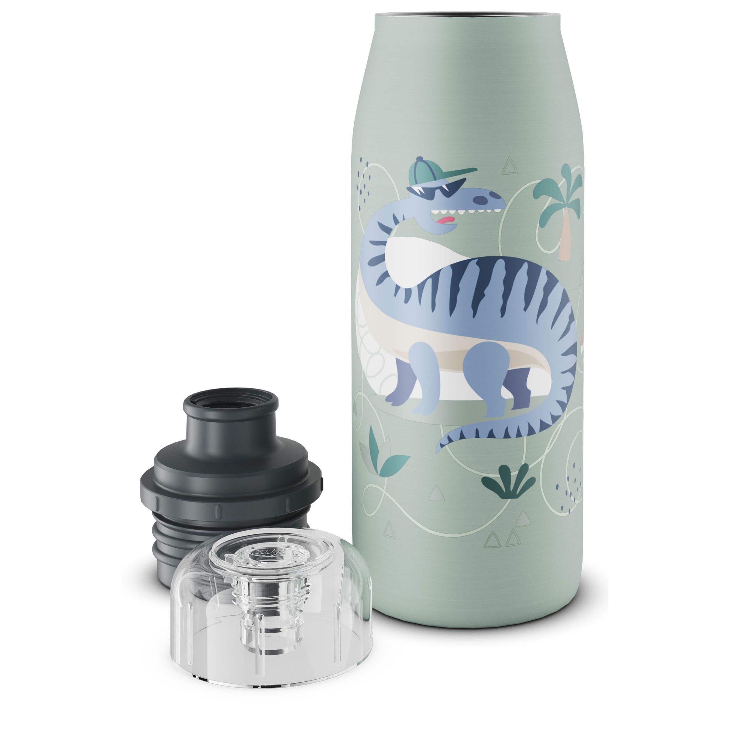 ALFI Isolierflasche mit Dino-Motiv, grün, mit abgenommenem Deckel und Einsatz.
