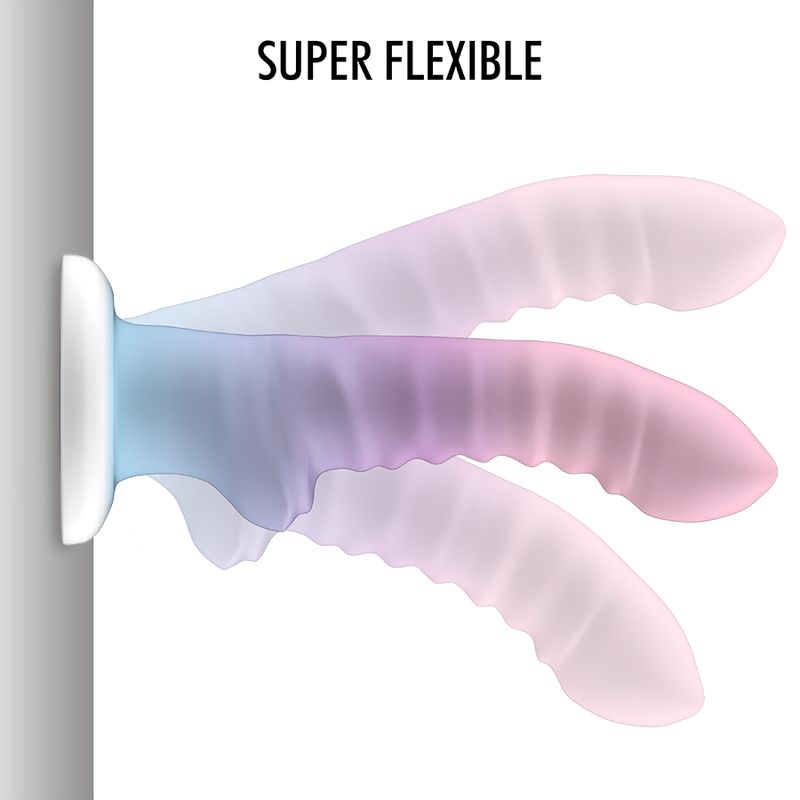 Flexibler Dildo in Rosa, Lila und Blau, in drei Positionen dargestellt. Weißer Sockel.