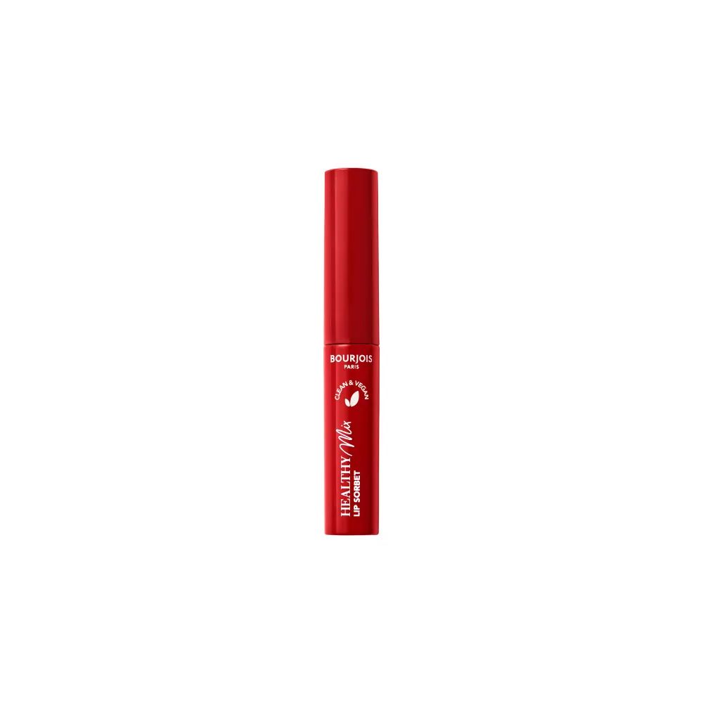 Roter Lippenstift, zylindrische Form, mit Schriftzug Healthy Mix Lip Sorbet und Bourjois Paris. Vegan-Siegel.