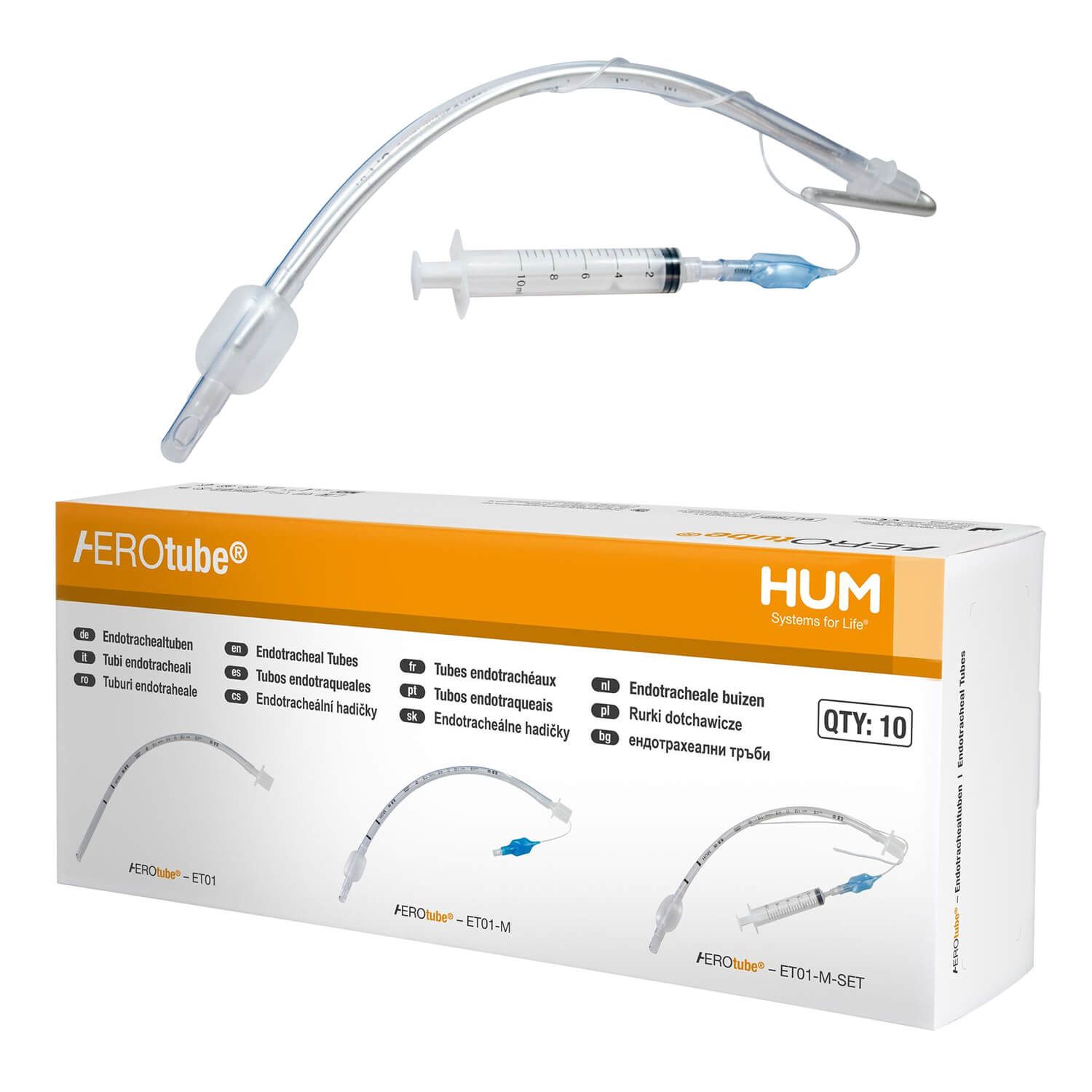 Endotrachealtubus mit Spritze und Verpackung. Aufschrift: AEROtube, HUM. Packung mit 10 Tuben.