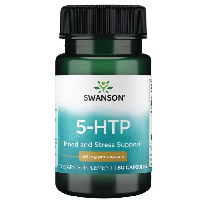 Grüne Flasche mit schwarzem Deckel. Etikett mit SWANSON, 5-HTP, 50 mg pro Kapsel, 60 Kapseln. Stimmung und Stress Unterstützung.