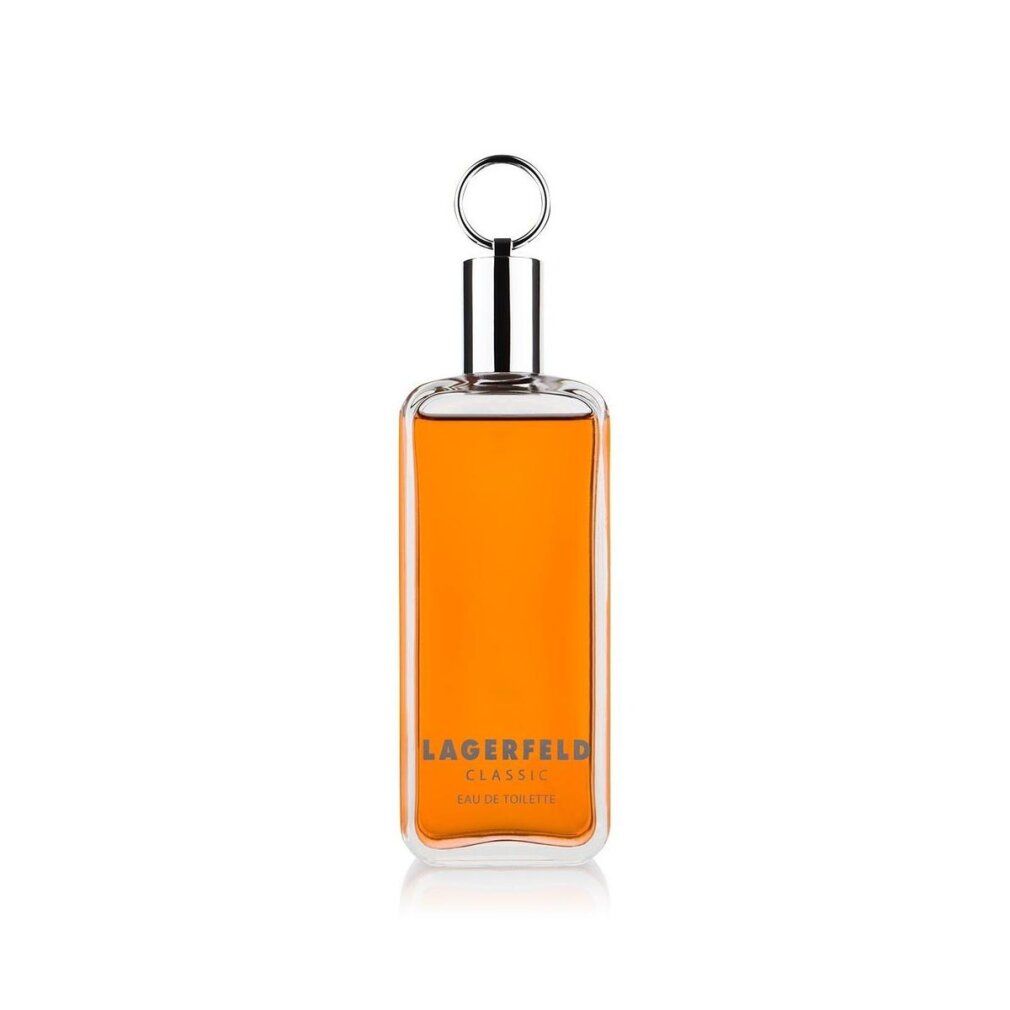 Rechteckige Flasche mit orangefarbener Flüssigkeit. Silberner Verschluss mit Ring. Aufschrift: Lagerfeld Classic Eau de Toilette.