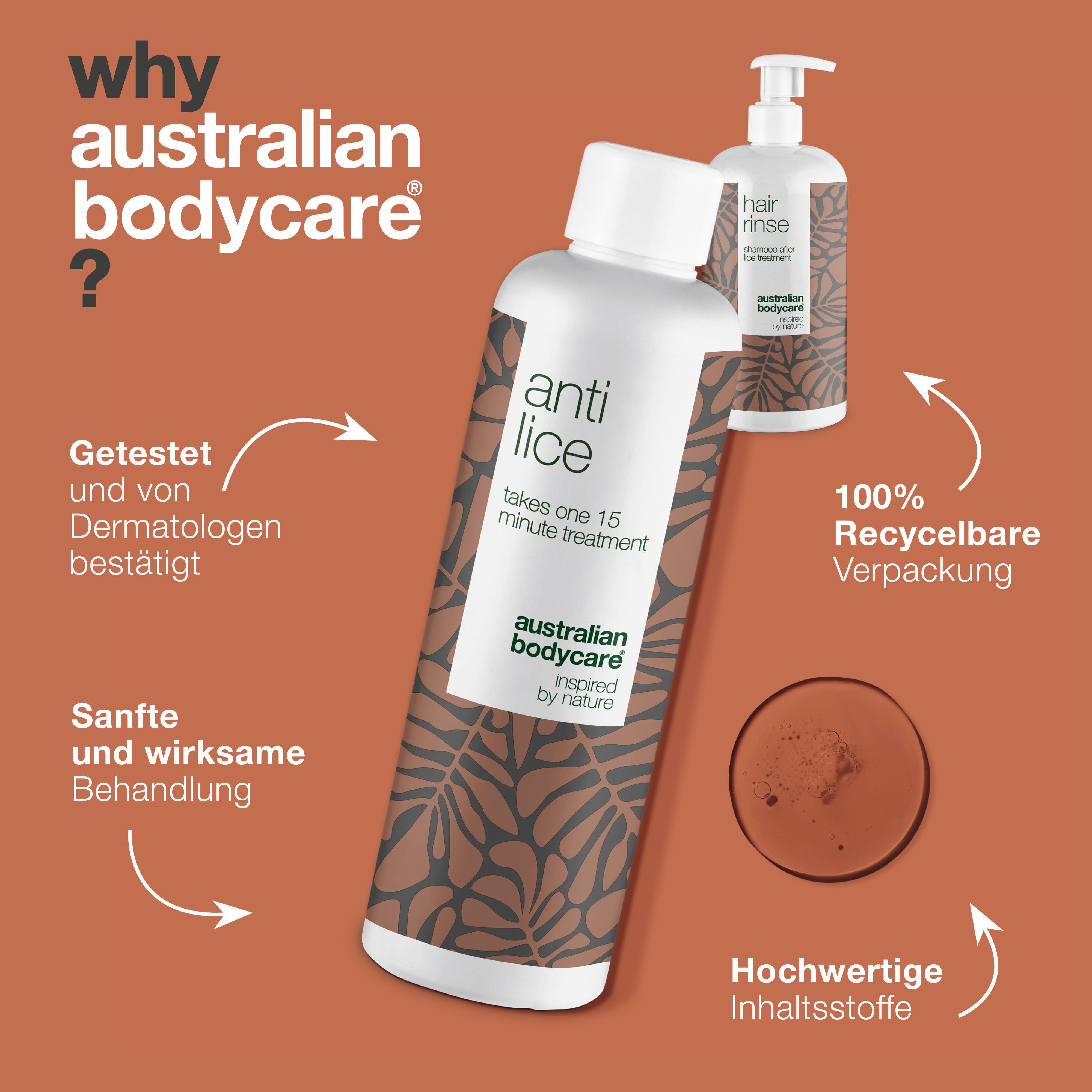 Zwei Flaschen: „anti lice“ und „hair rinse“. Marke: Australian Bodycare. Text: „Why Australian Bodycare?“