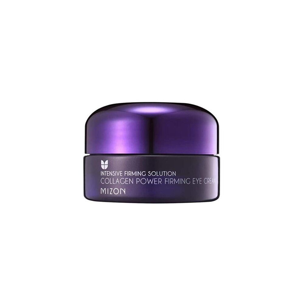 Augencreme-Tiegel mit lila Deckel. Schwarzer Behälter mit weißer Schrift: Collagen Power Firming Eye Cream. Marke: Mizon.
